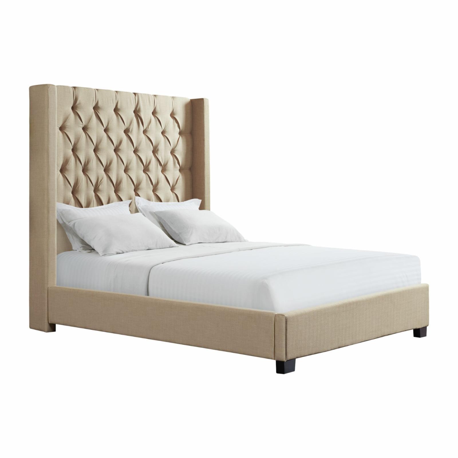 Elegant Queen-Sized Brown Wood Frame Upholstered Bed with Tufted Headboard