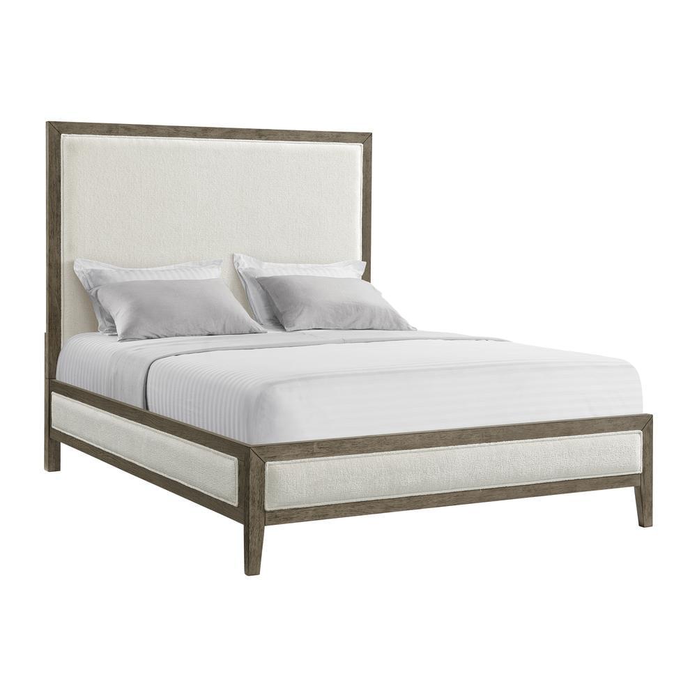 Queen White Upholstered Oak Frame Panel Bed