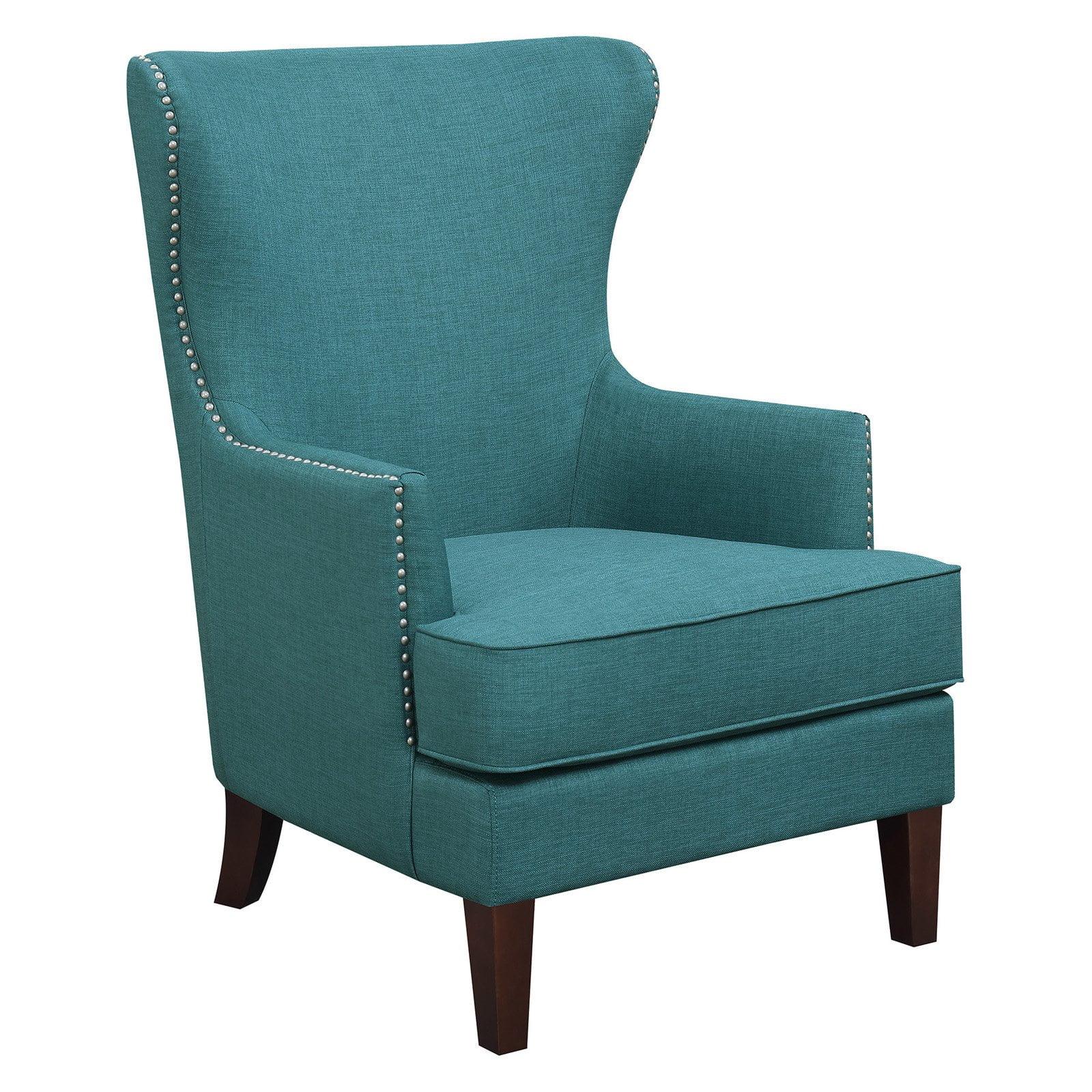 Transitional Teal Winged Accent Chair with Silver Nailhead Trim