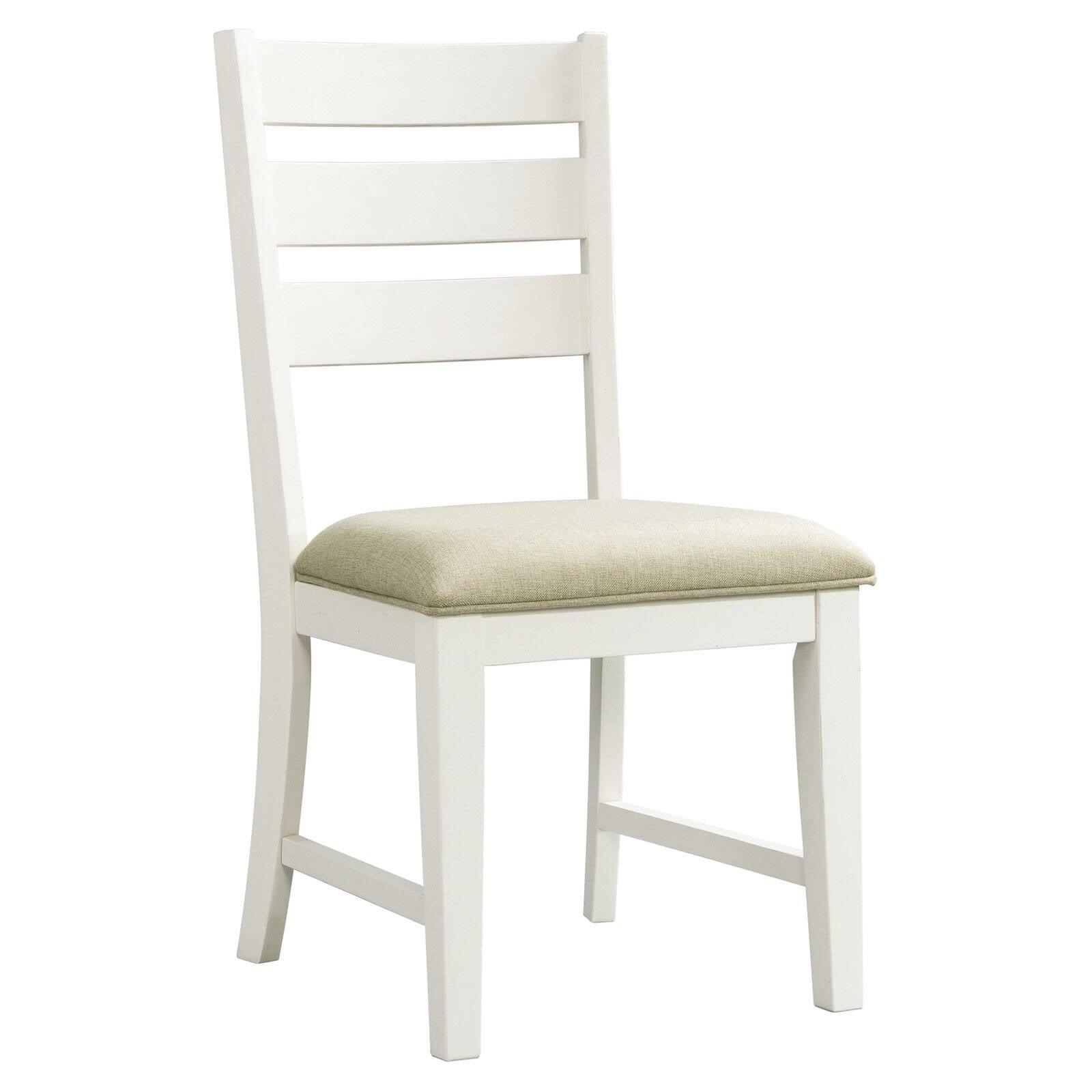 Farmhouse White Linen & Wood Ladder Back Side Chair Set