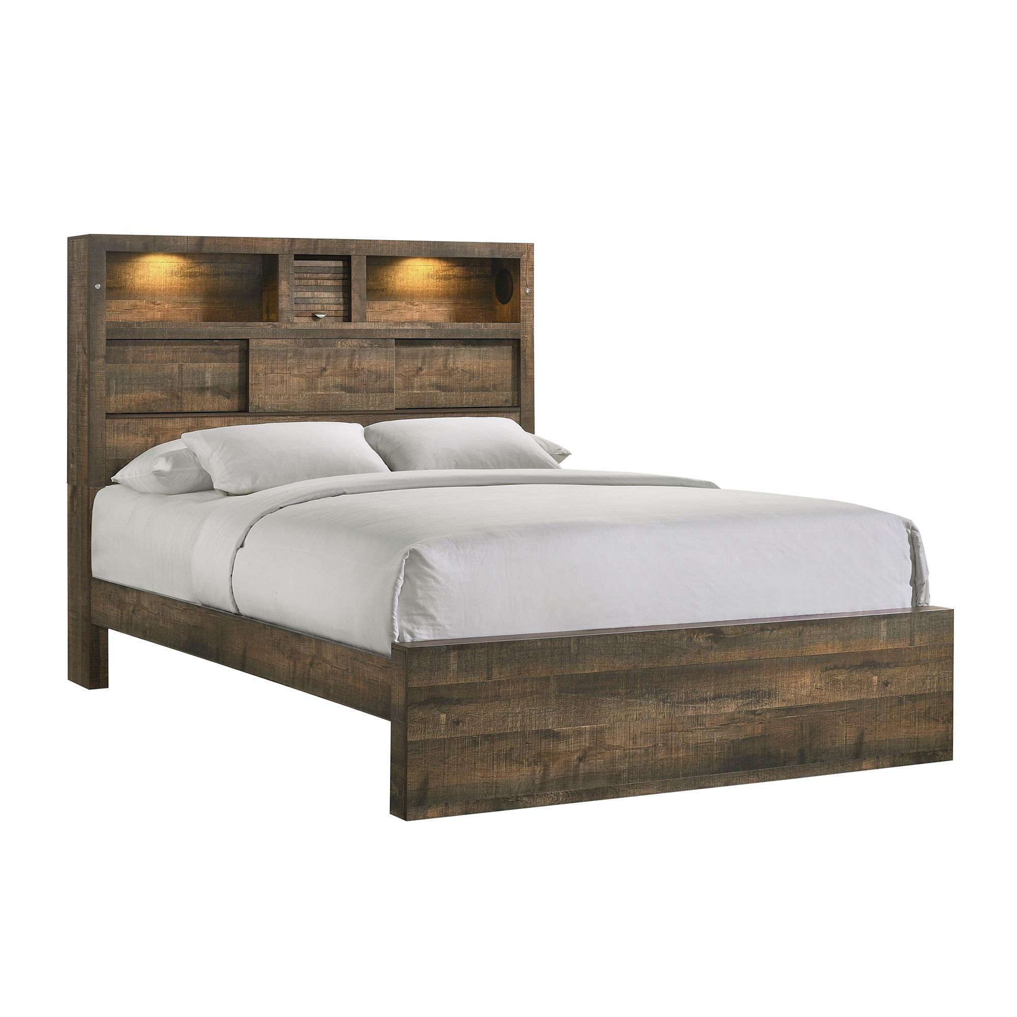 Rustic Walnut Queen Bookcase Bed with Bluetooth and USB Port