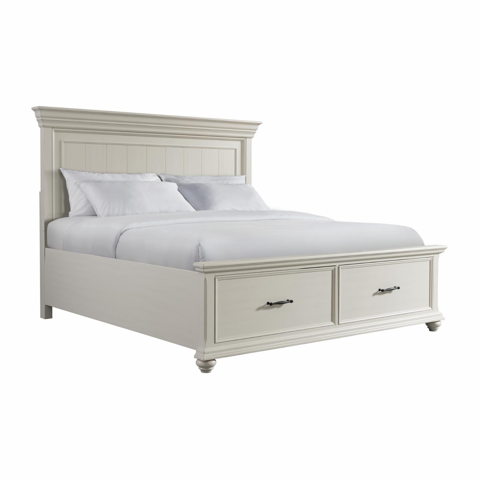 Transitional Gray Queen Platform Storage Bed with Plank Headboard