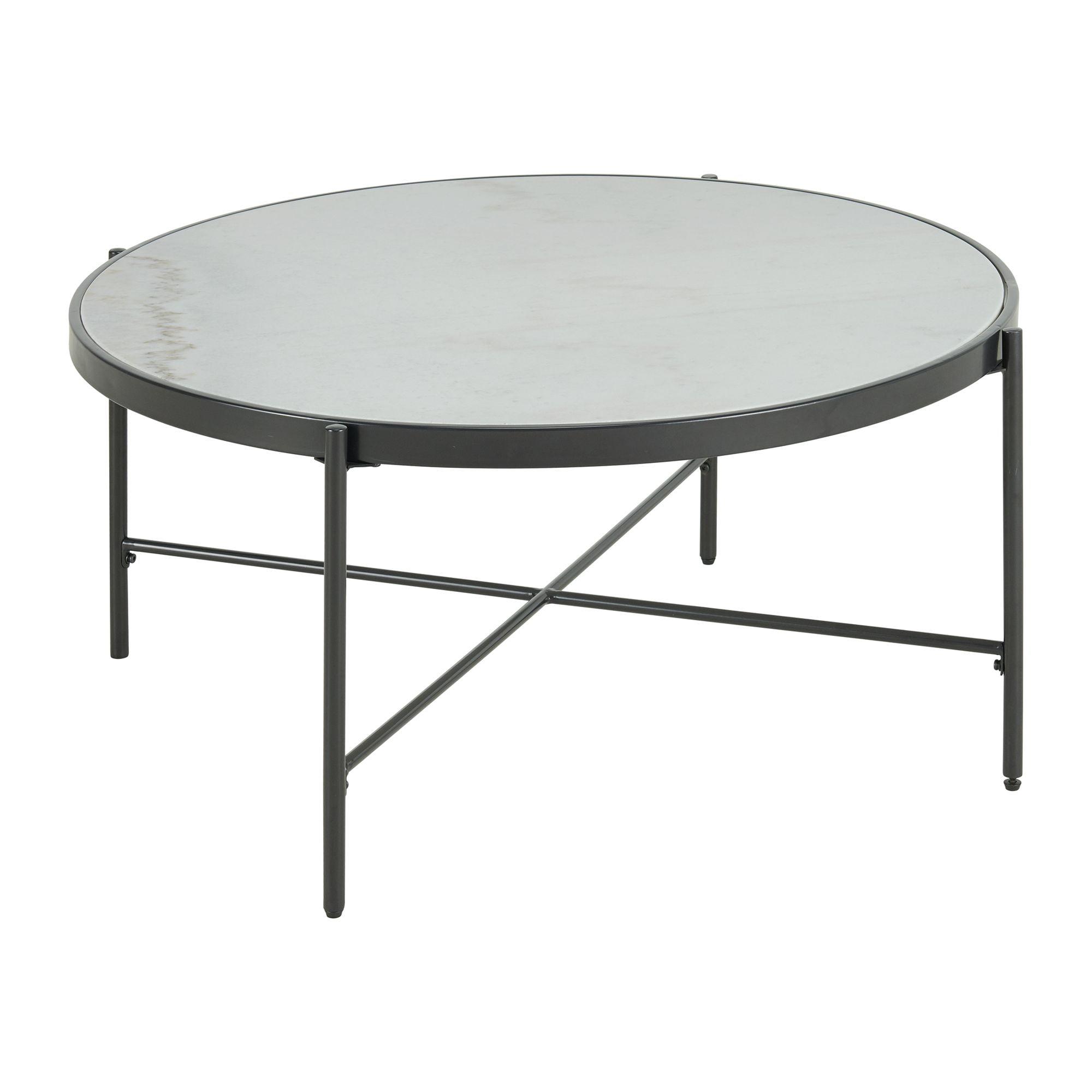 Transitional 38" Round Marble & Iron Coffee Table in White/Black