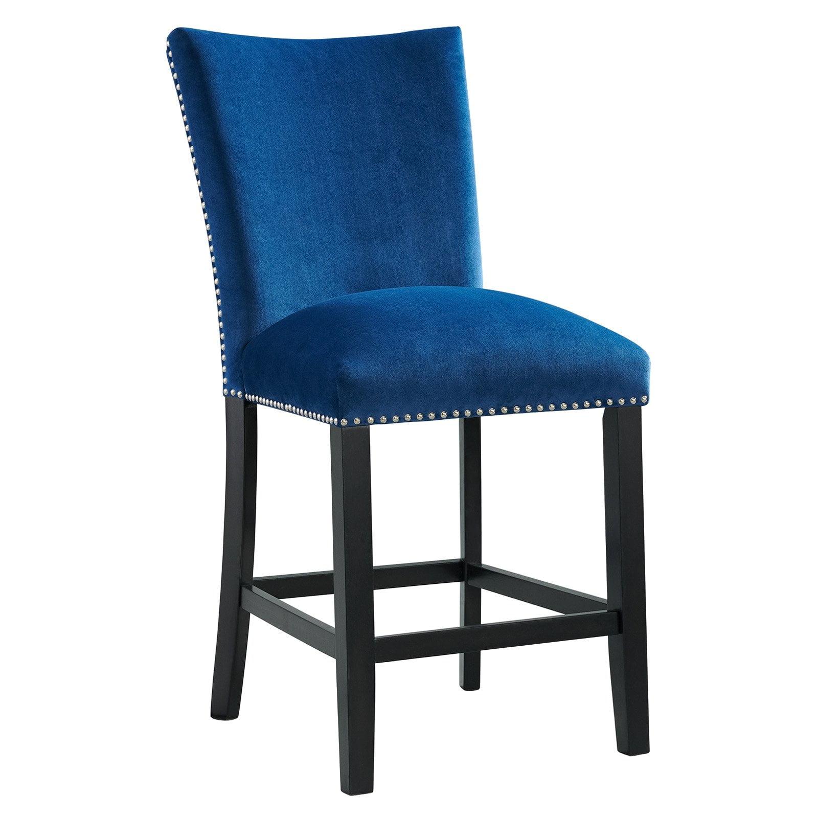 Elegant Blue Velvet Transitional Counter Stools with Chrome Accents - Set of 2