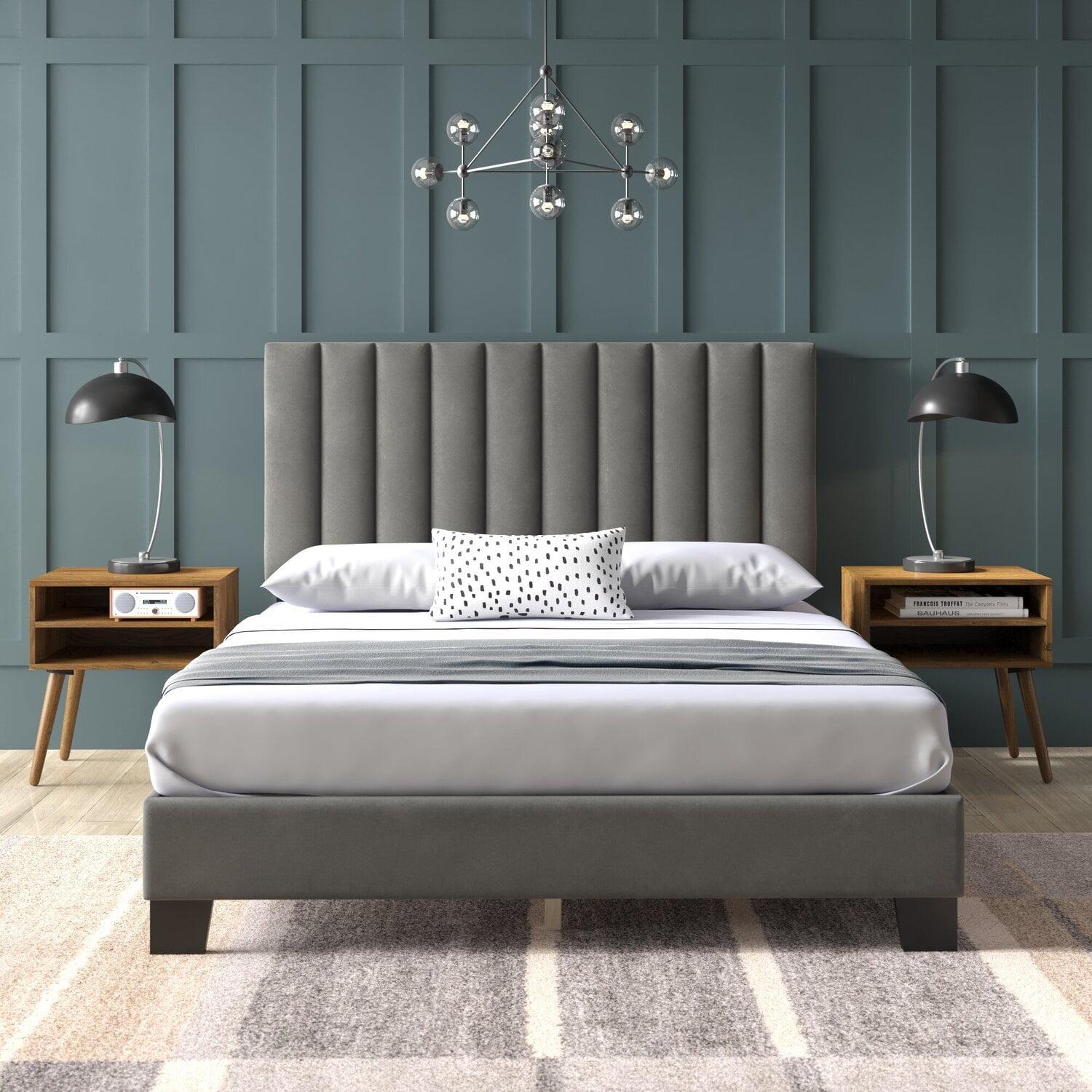 Gray Upholstered Queen Platform Bed with Nightstands