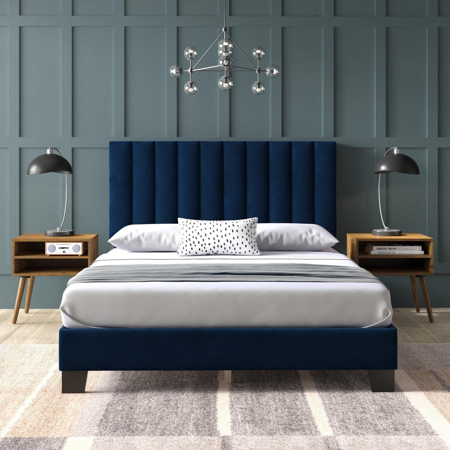 Navy Blue Contemporary Queen Platform Bed with Upholstered Headboard and Nightstands