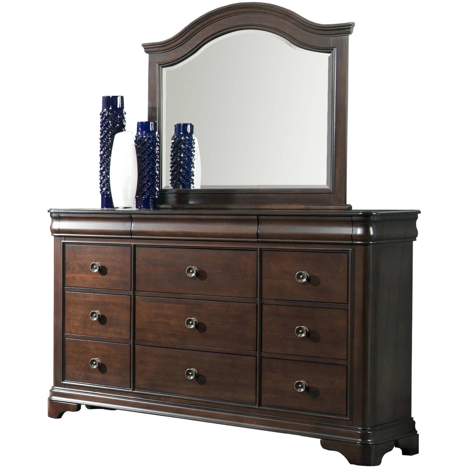 Elegant Conley 65'' Cherry Finish Dresser with Arched Mirror and Felt-Lined Drawers