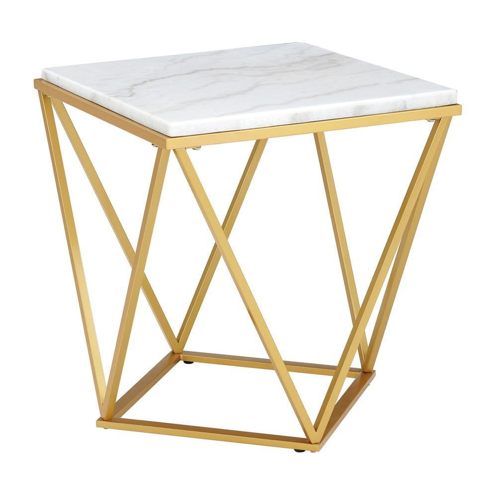 22'' Contemporary White Marble Square End Table with Gold Metal Base