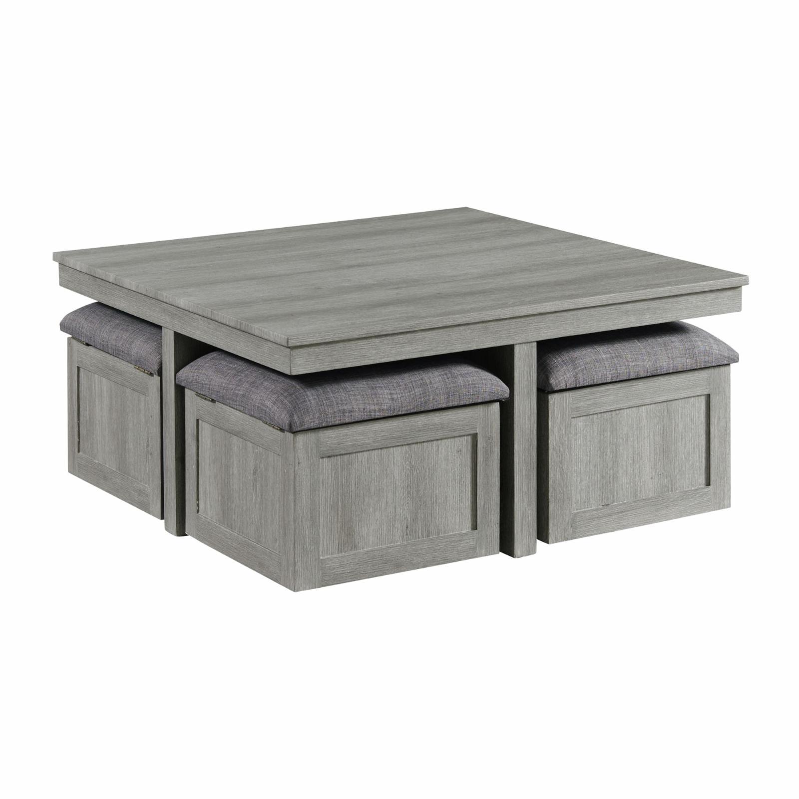 Gray Square Coffee Table with Four Storage Stools