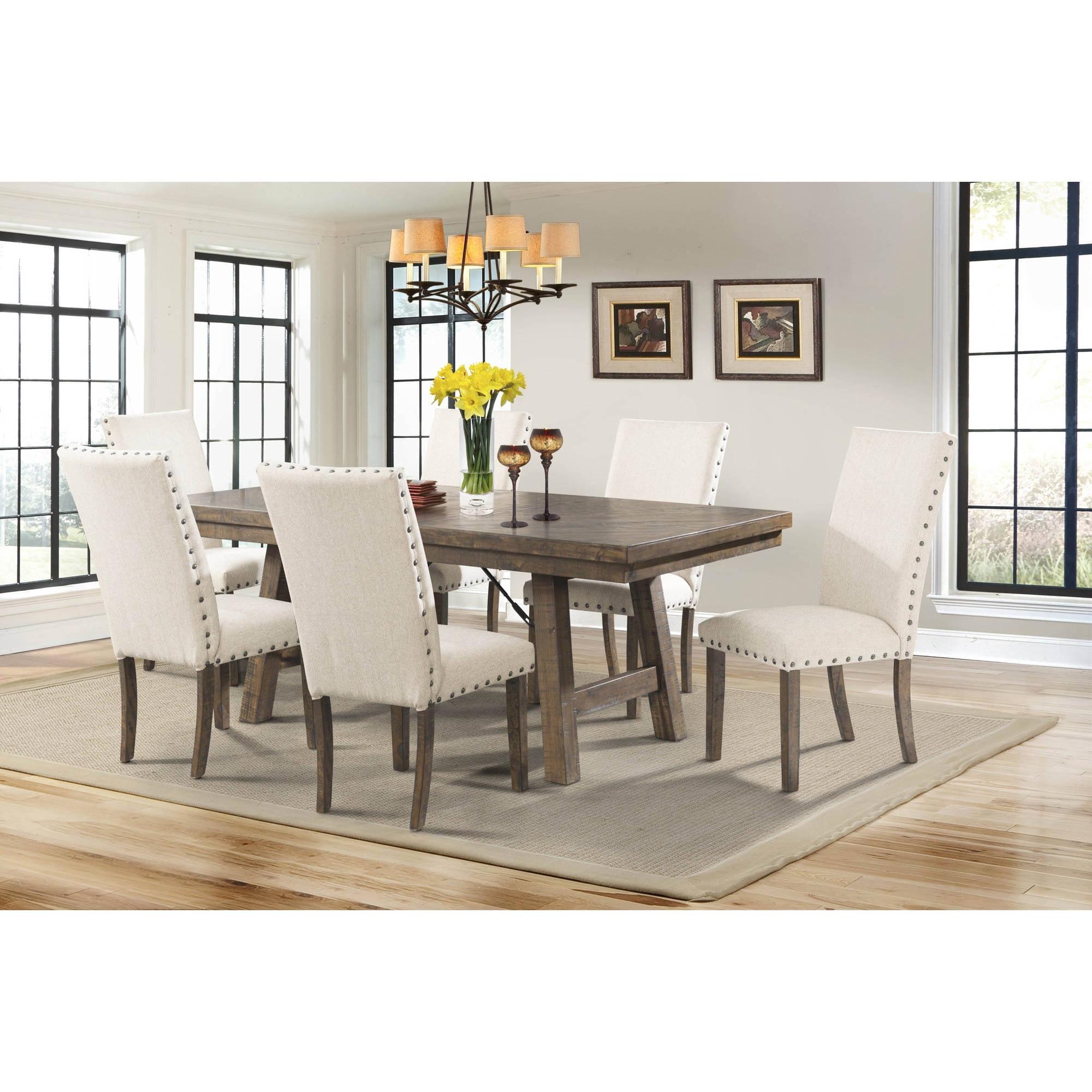 Dex 7pc Extendable Dining Table Set and 6 Upholster Side Chairs Walnut Brown/Cream - Picket House Furnishings: Smokey Finish, Flared Legs