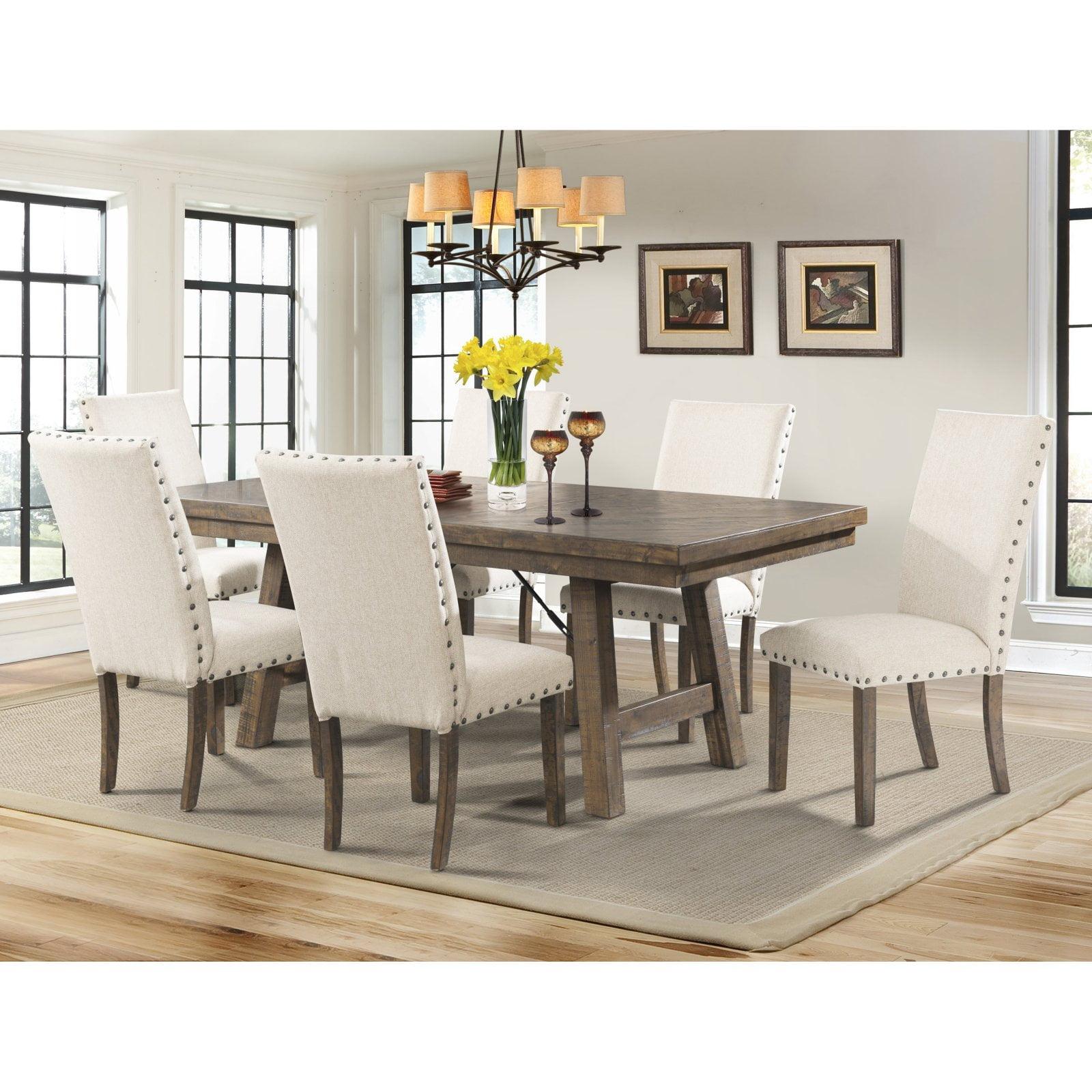 Smokey Walnut 78" Extendable Dining Set with 6 Cream Upholstered Chairs