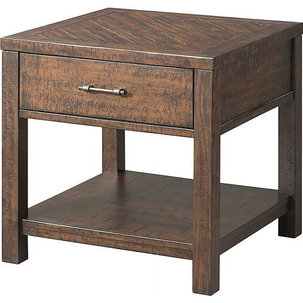 Rustic Walnut Brown Square End Table with Storage Drawer