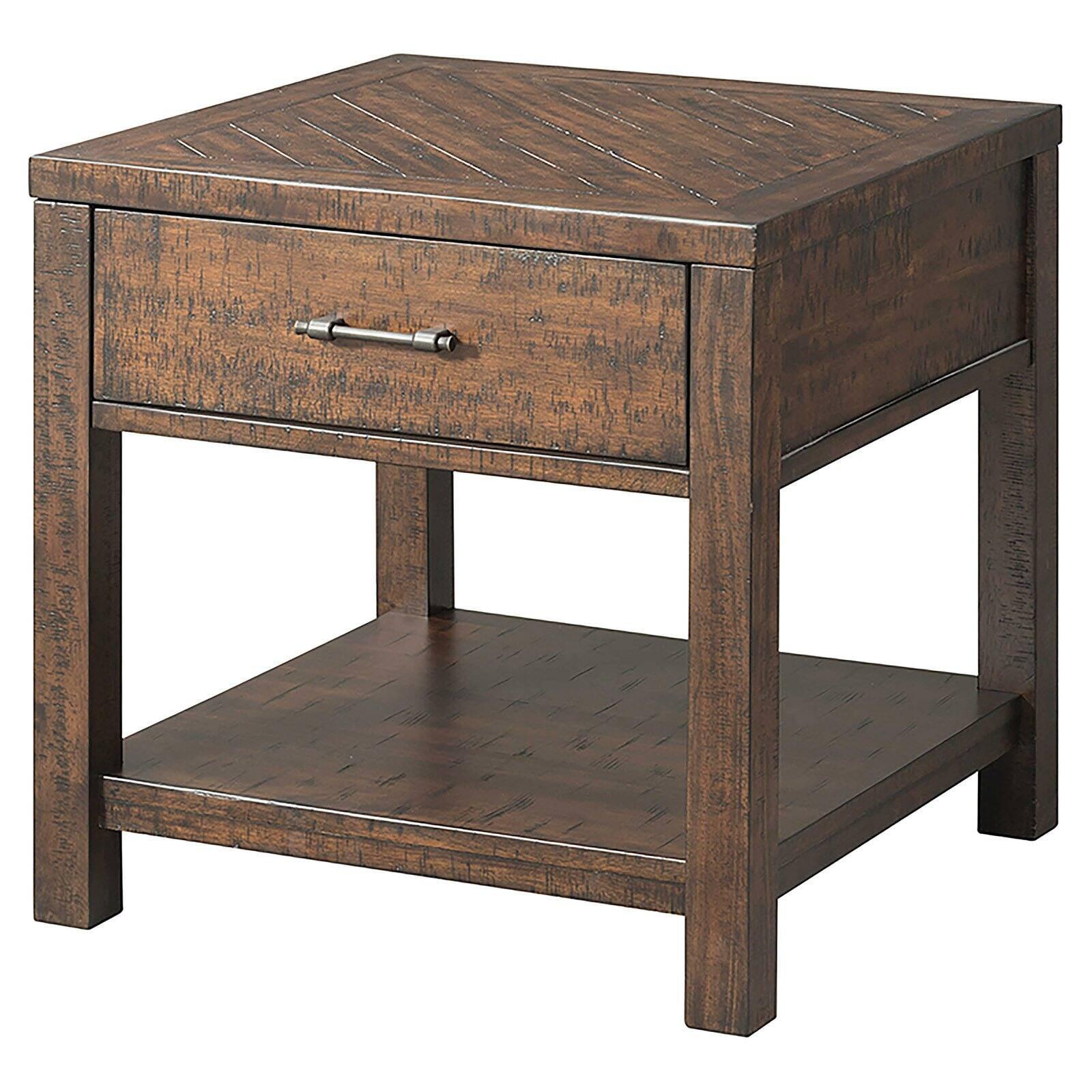 Rustic Walnut Brown Square End Table with Storage Drawer