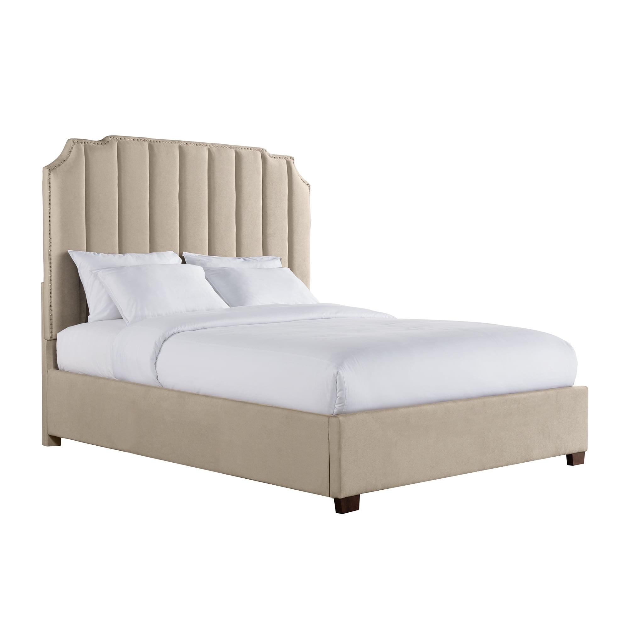 Beige Queen Upholstered Platform Bed with Tufted Headboard