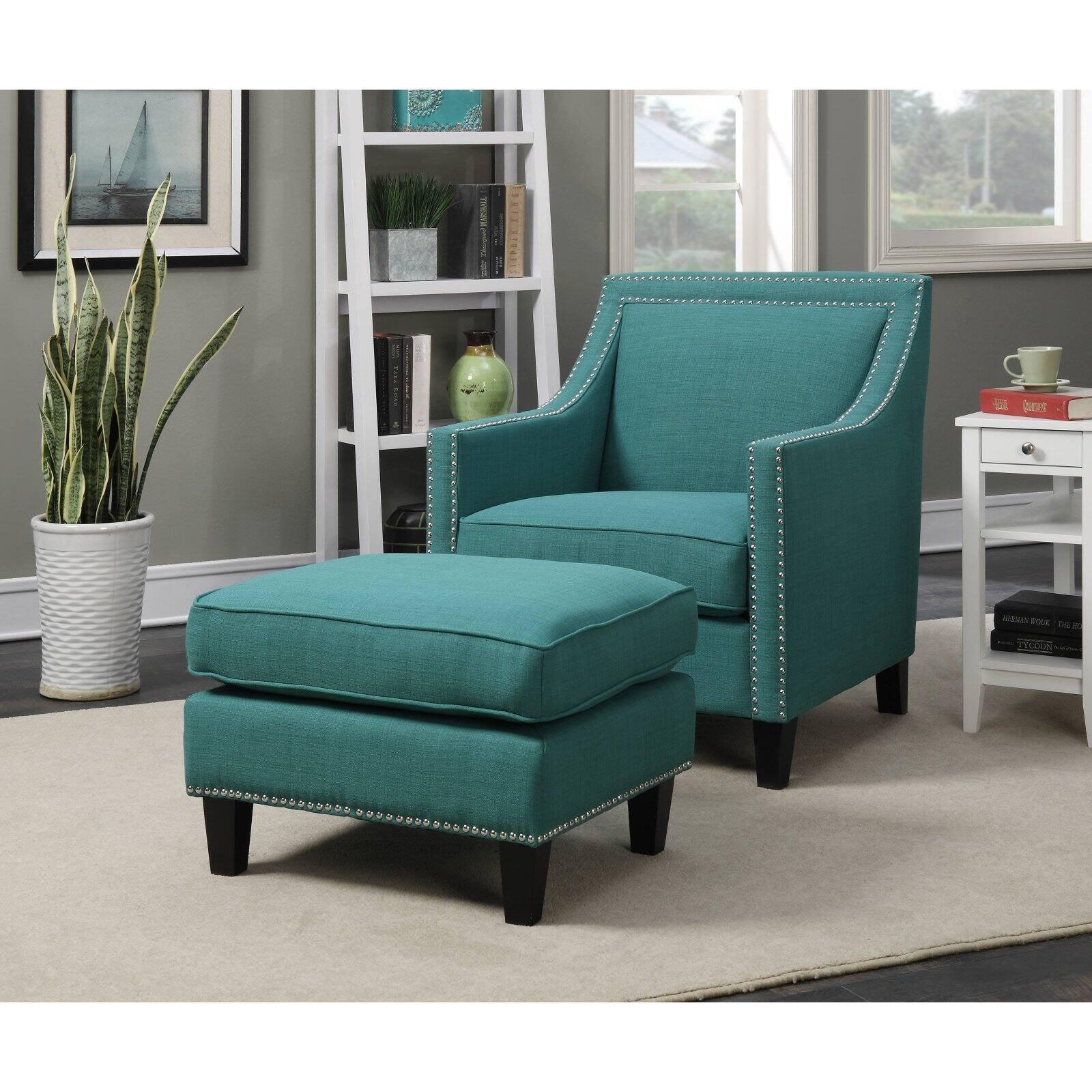 Emery Teal Velvet Accent Chair with Nailhead Trim and Ottoman
