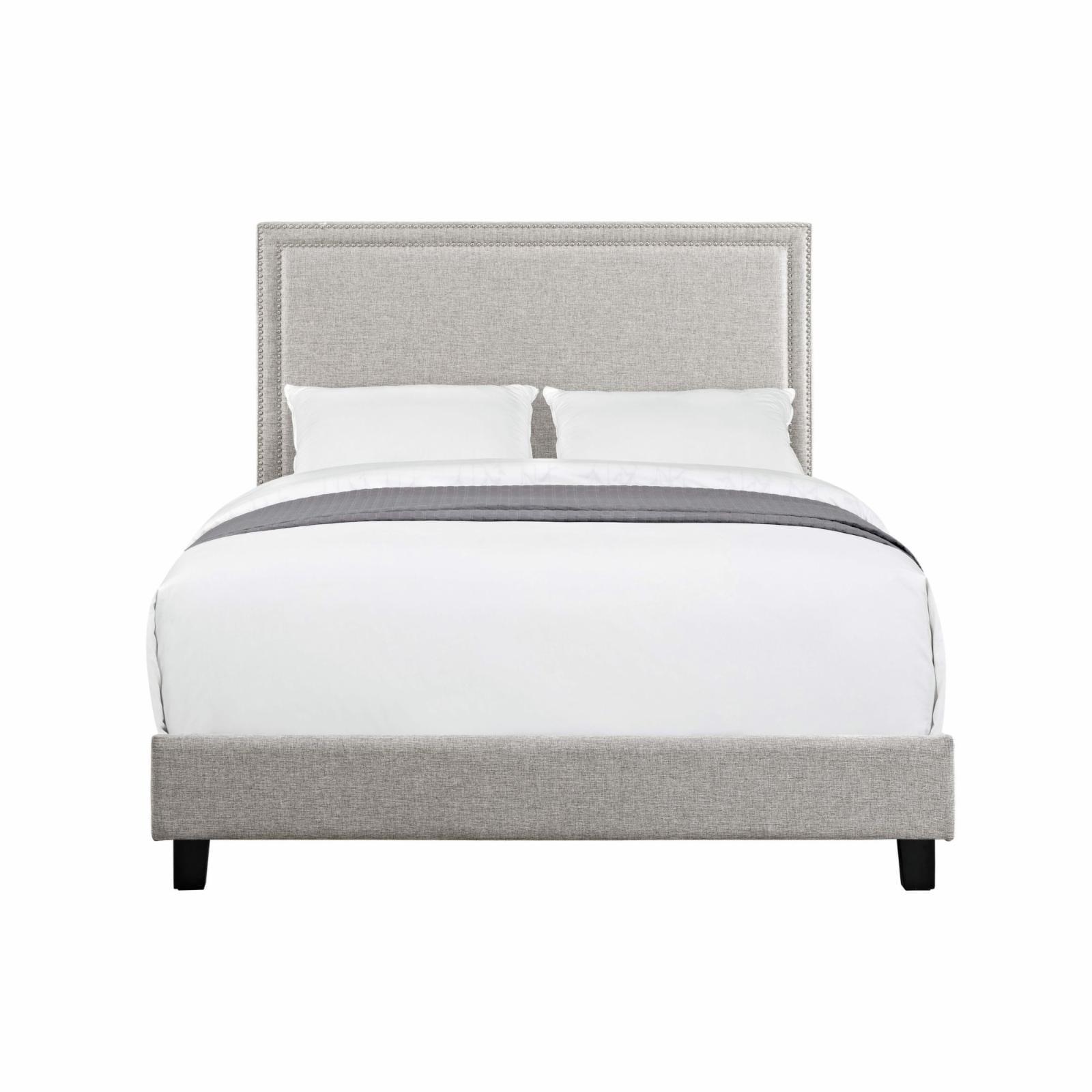 Gray Twin Upholstered Platform Bed with Nailhead Trim