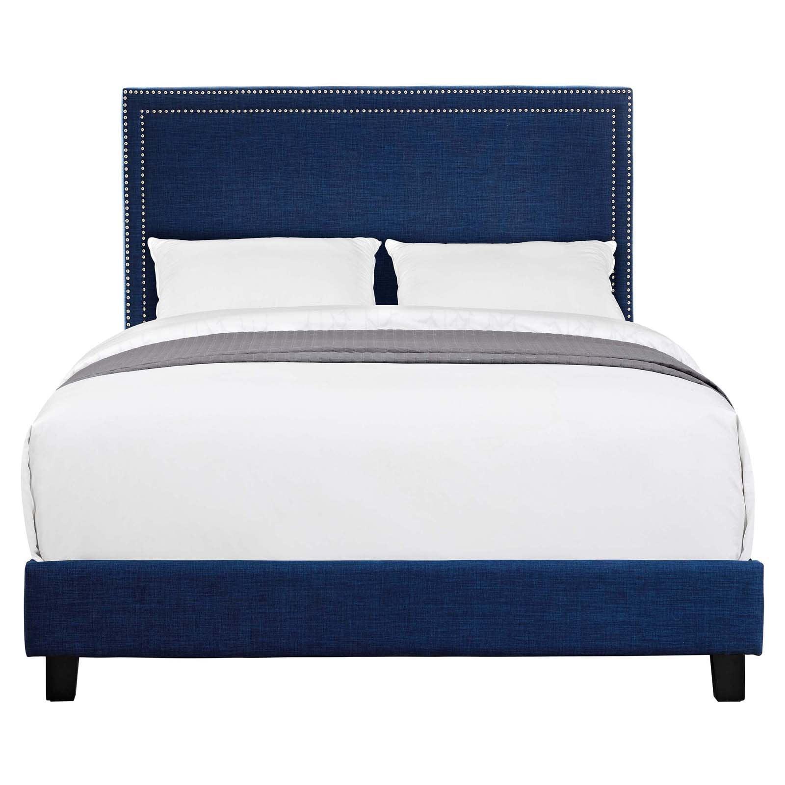 Transitional Blue Twin Upholstered Platform Bed with Nailhead Trim