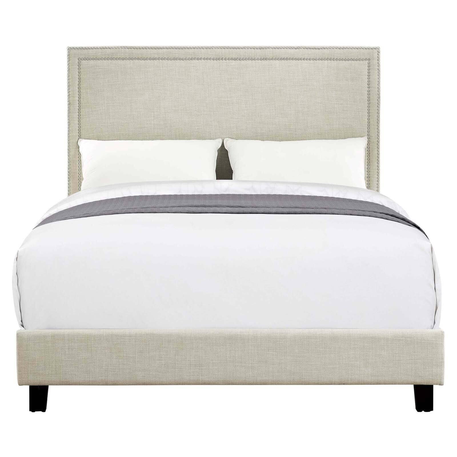 Cream Upholstered Twin Platform Bed with Nailhead Trim