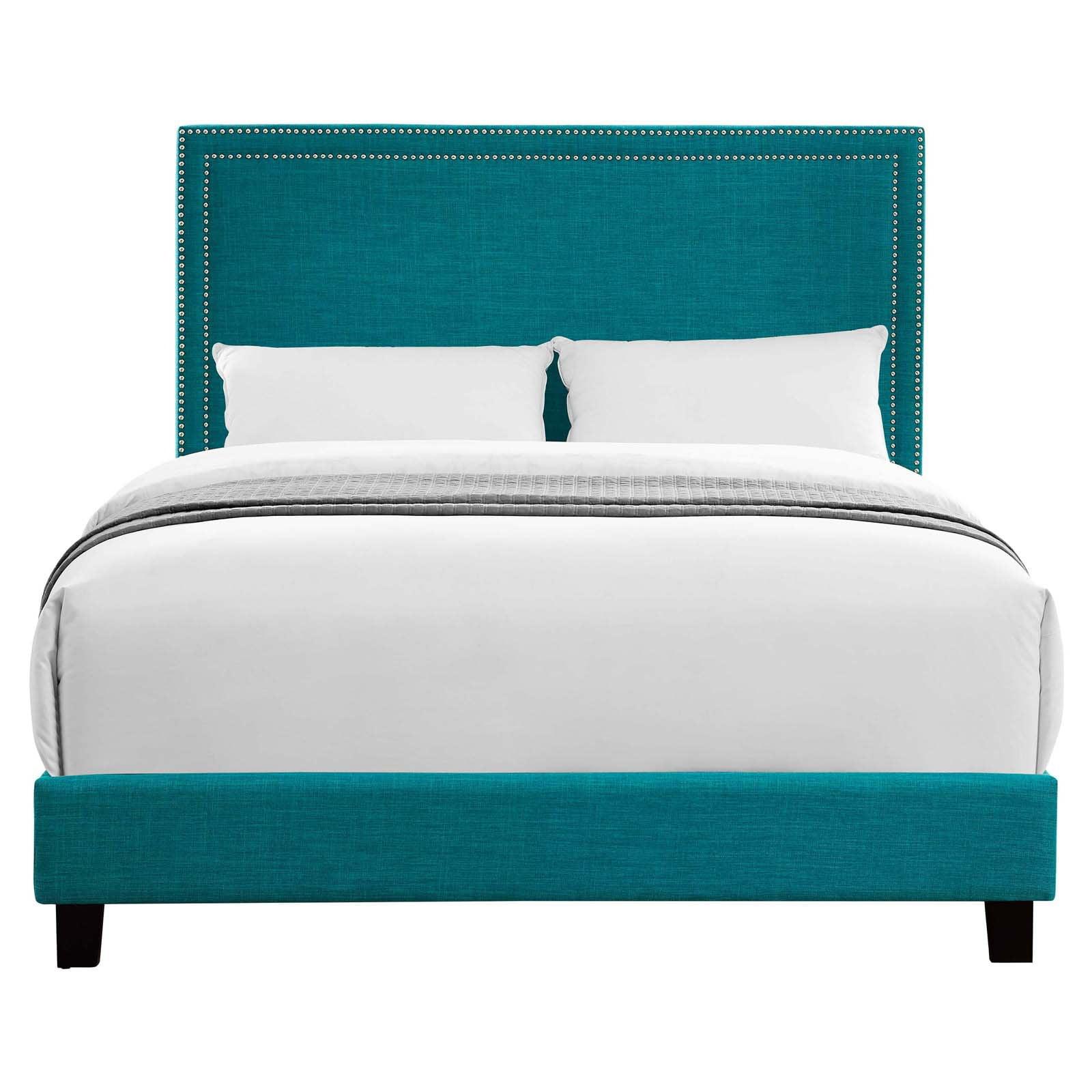 Teal Transitional Twin Upholstered Platform Bed with Nailhead Trim