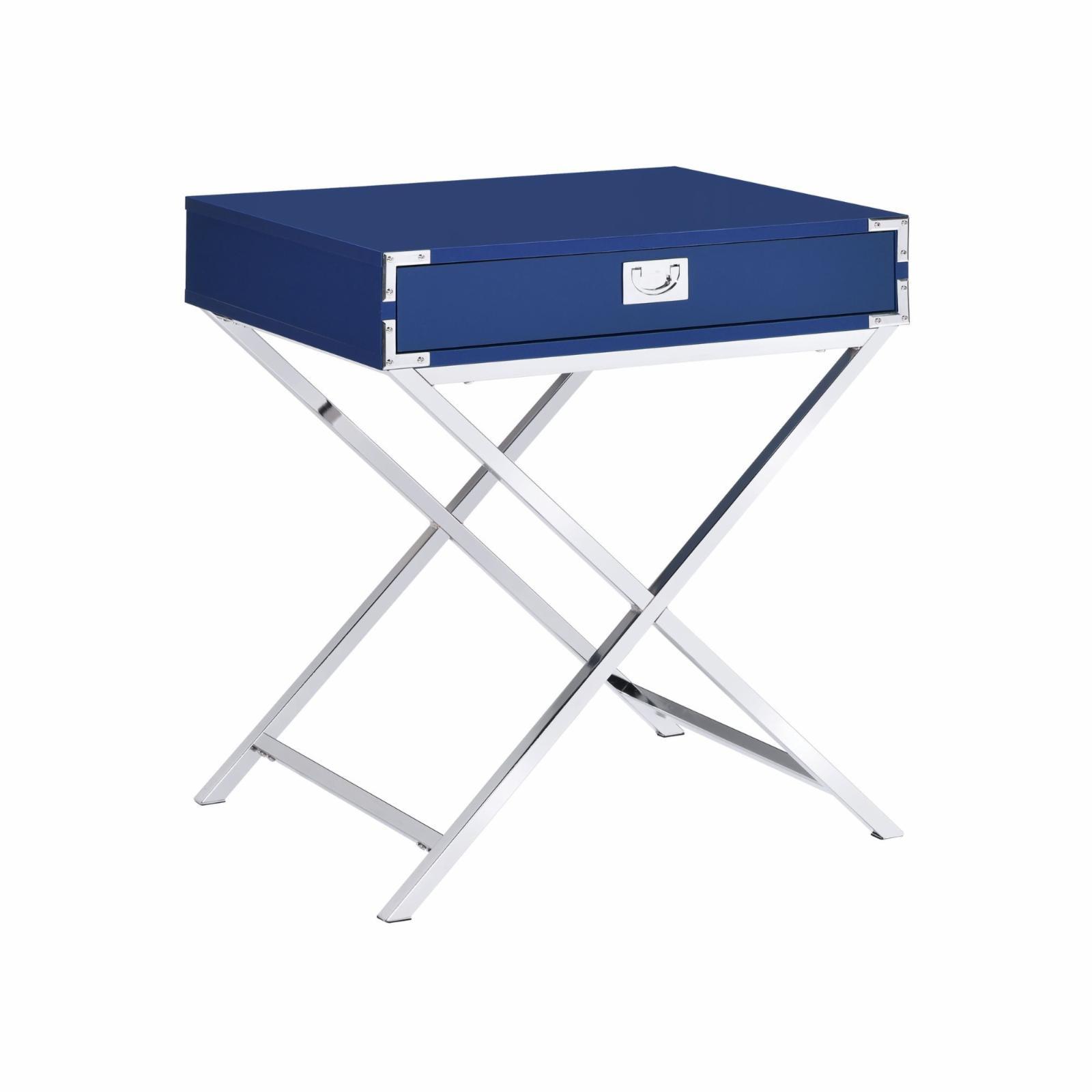 Glossy Blue 1-Drawer Nightstand with Silver Metal Legs