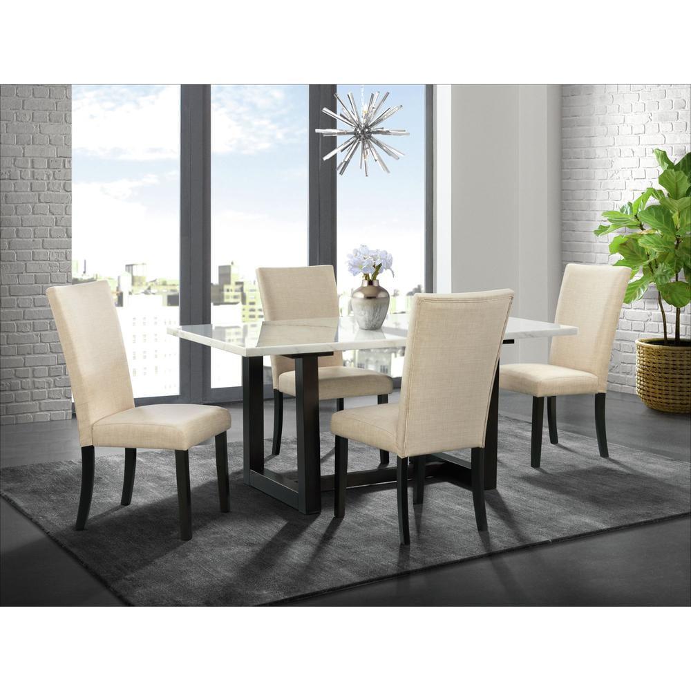 Florentina 5-Piece White Marble Dining Set with Upholstered Chairs