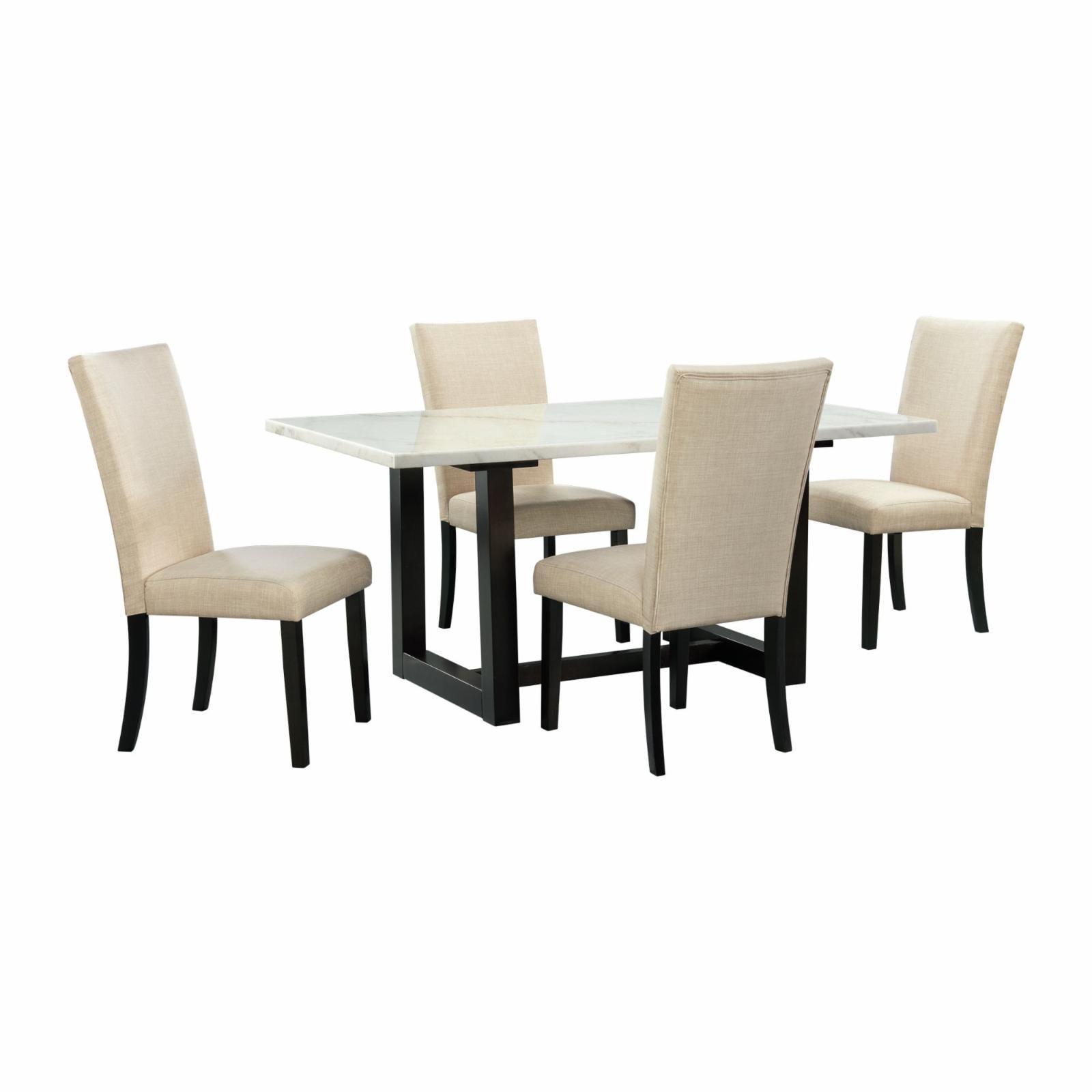 Florentina 5-Piece White Marble Dining Set with Upholstered Chairs