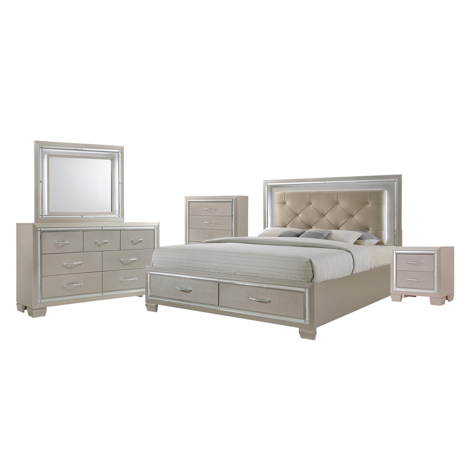 Champagne Beige King 5-Piece Storage Bedroom Set with Mirror Trim