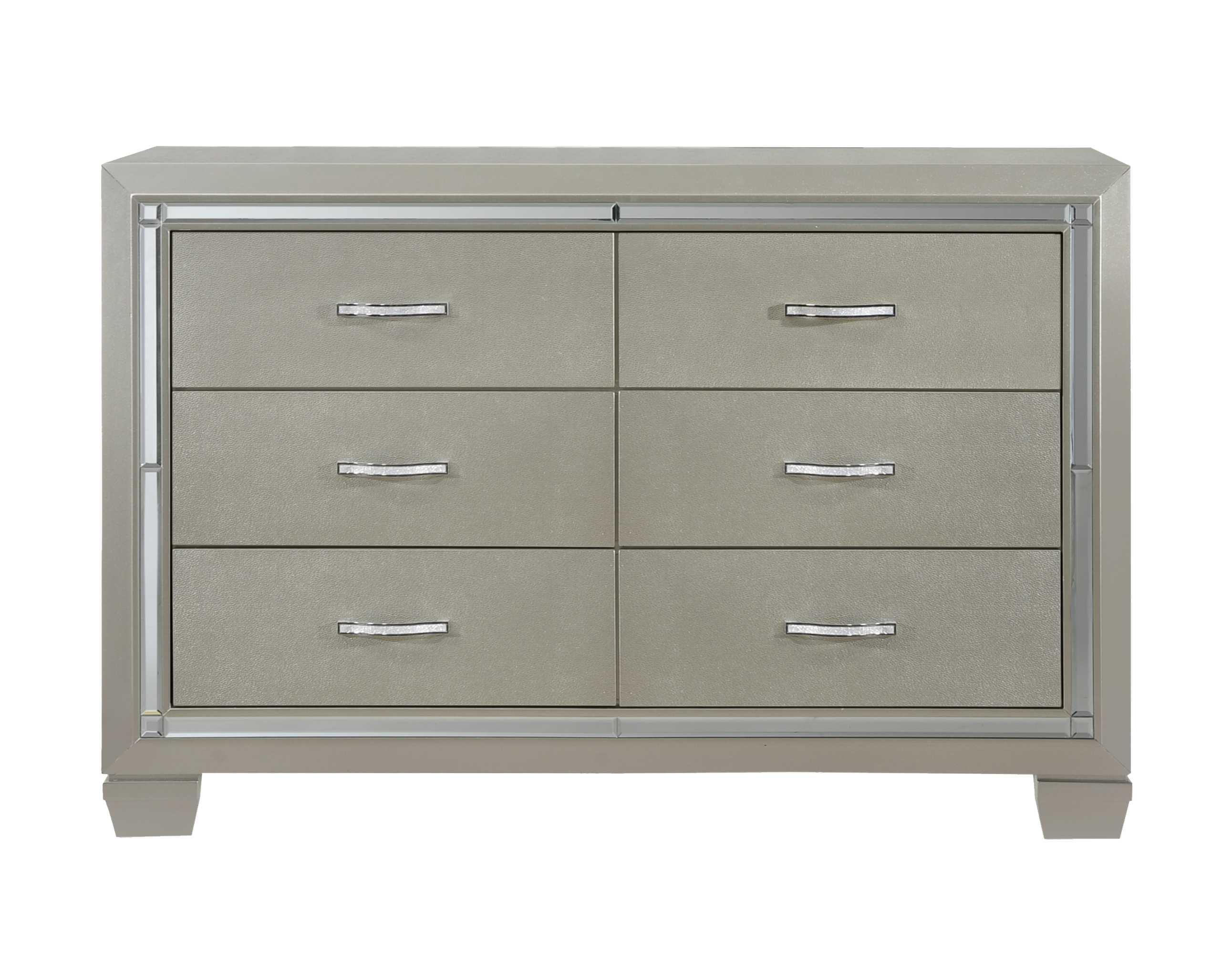 Glamorous Gray 7-Drawer Dresser with Chrome Handles and Mirror Accents