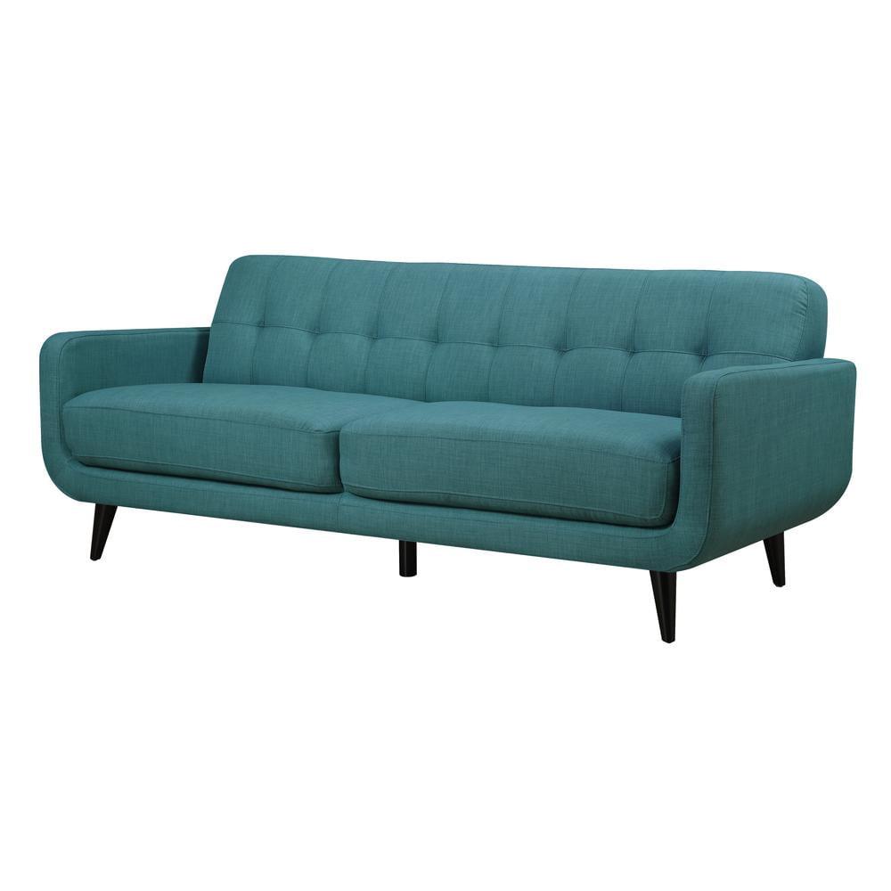 Mid-Century Modern Teal Tufted Fabric Sofa with Espresso Tapered Legs