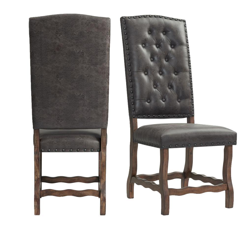 Set of 2 Hayward Tufted Tall Back Side Chair Set Walnut - Picket House Furnishings: Distressed Faux Leather, Nailhead Trim