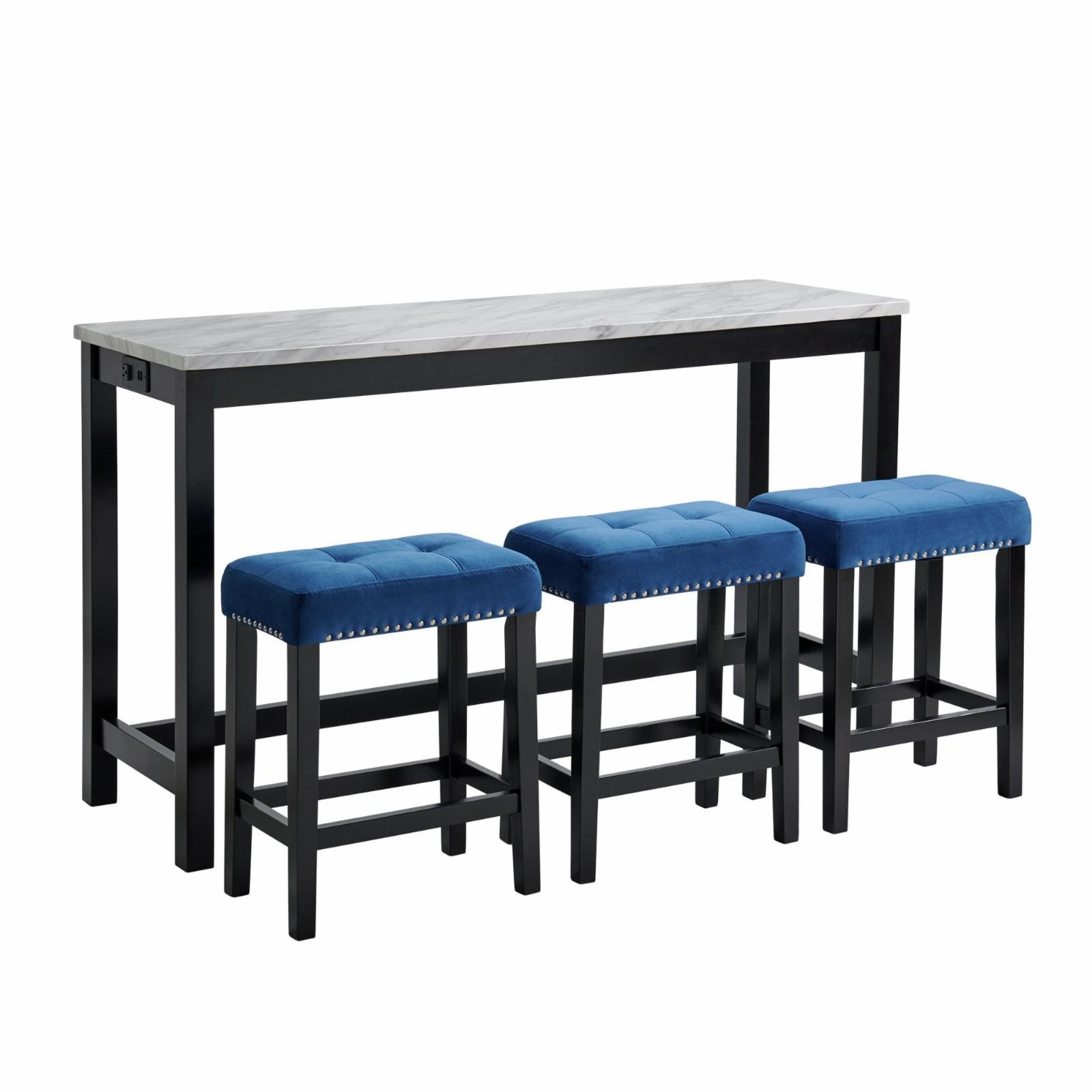 Transitional Black and White Marble Bar Table Set with Blue Velvet Stools