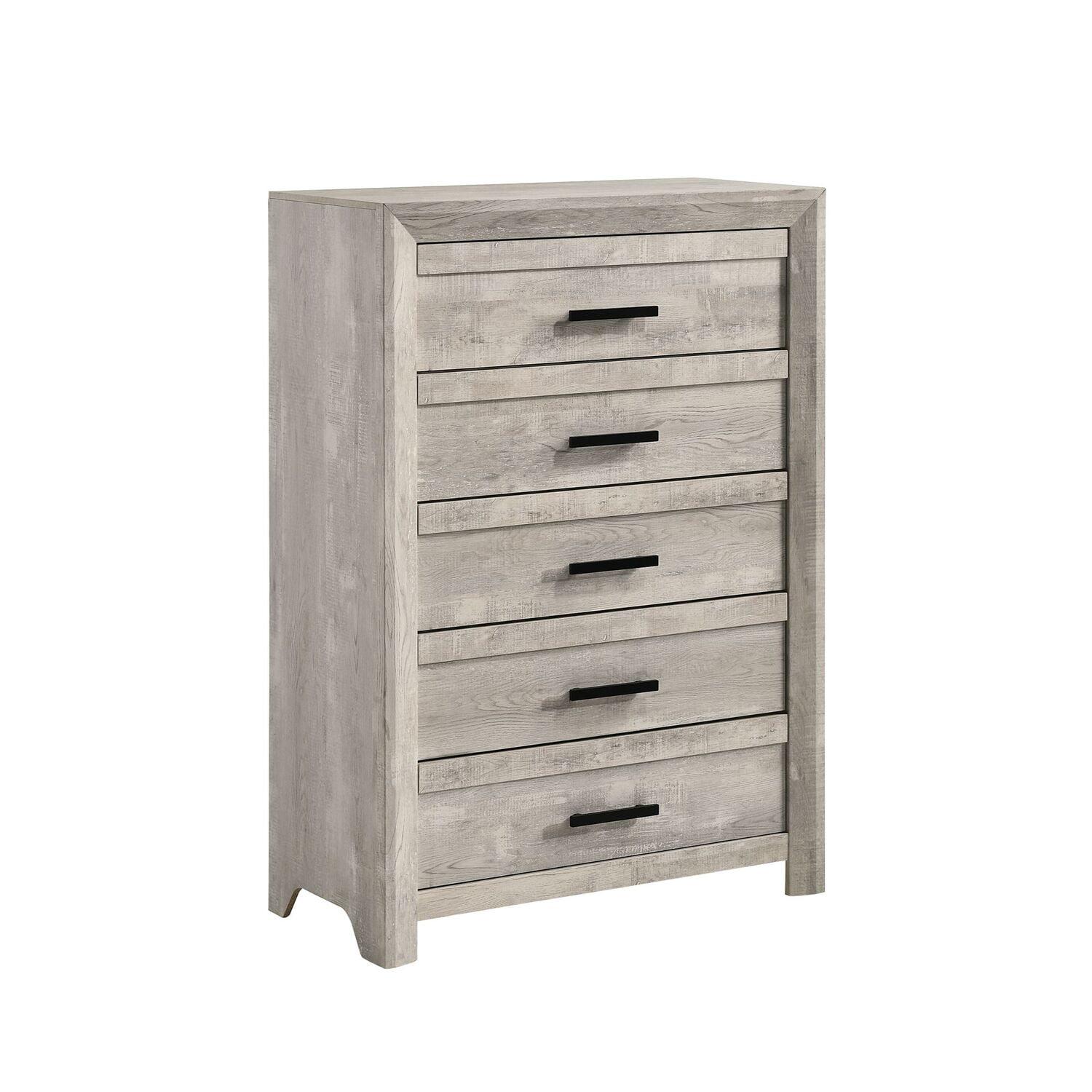 Ash White 5-Drawer Chest with Black Pulls