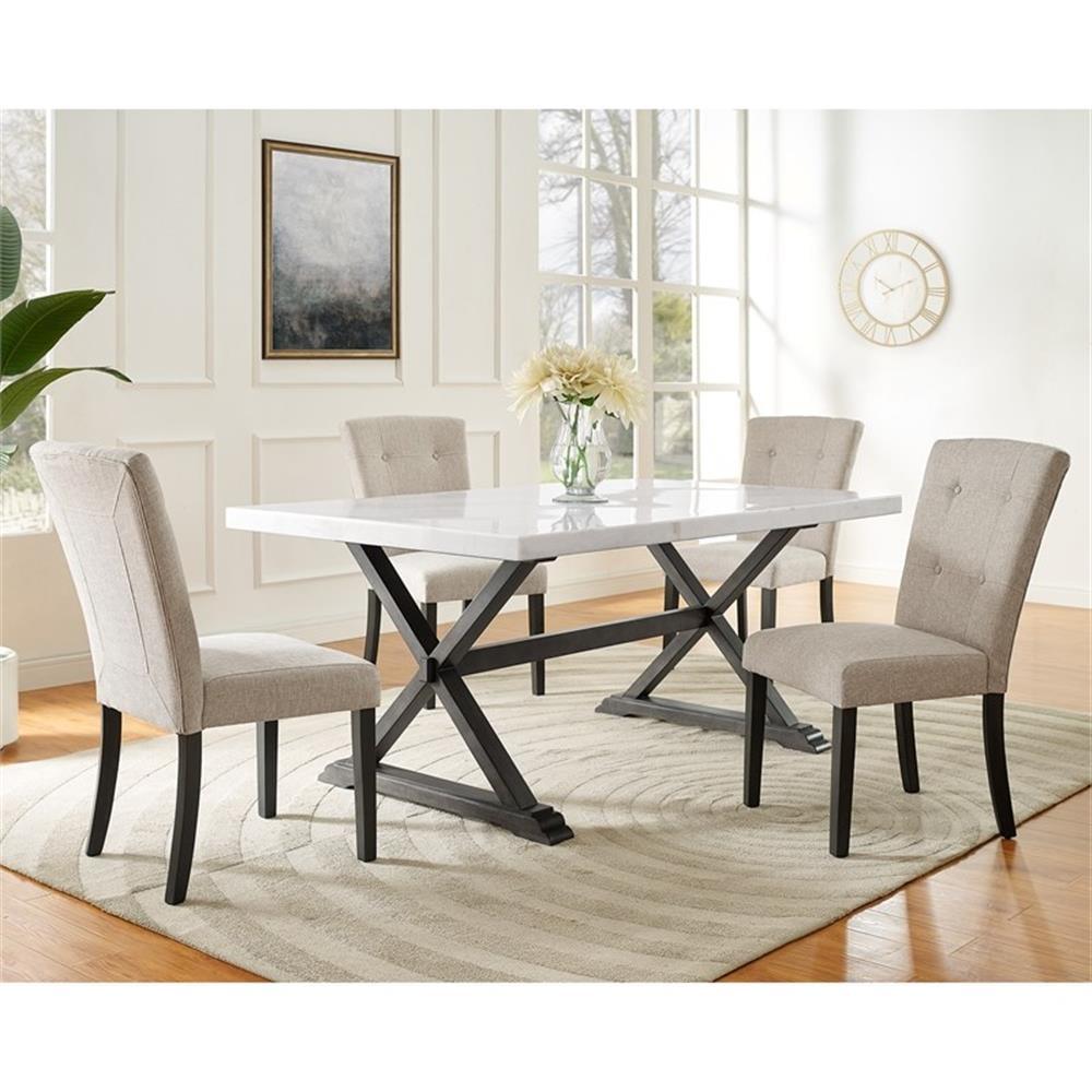 Landon 5-Piece White Marble Top Dining Set with Linen Chairs