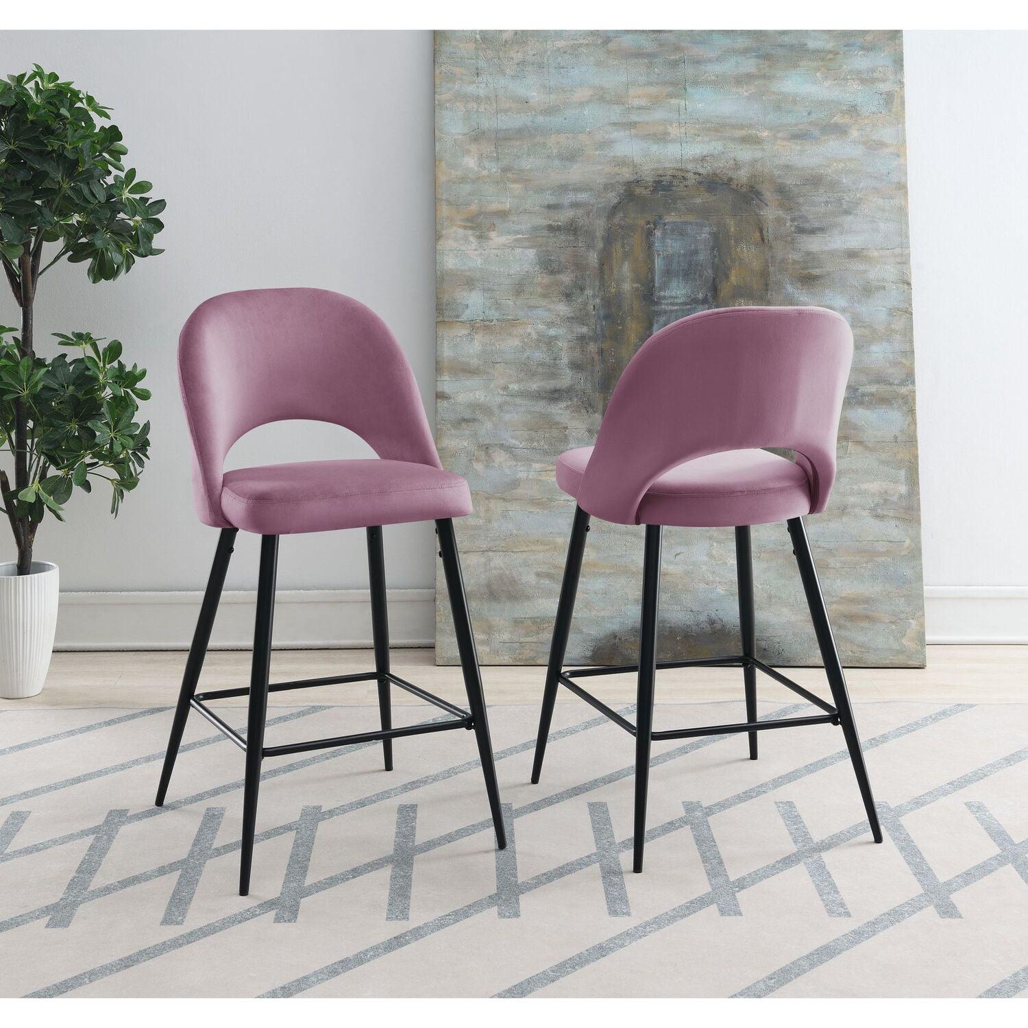 Blush Velvet & Black Metal Contemporary Bar Stool Set