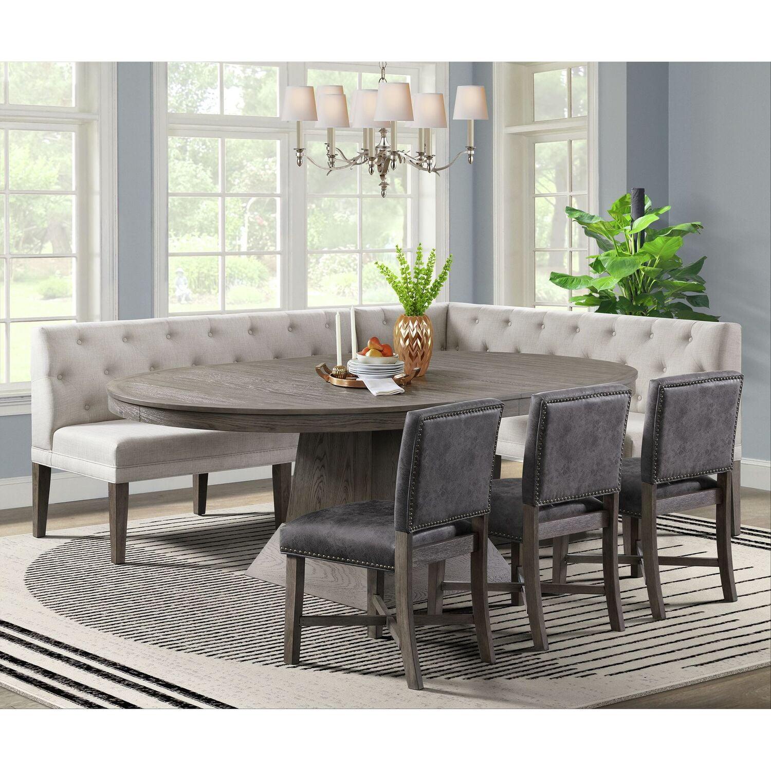 Gray Round to Oval Dining Set with Bench and 4 Chairs