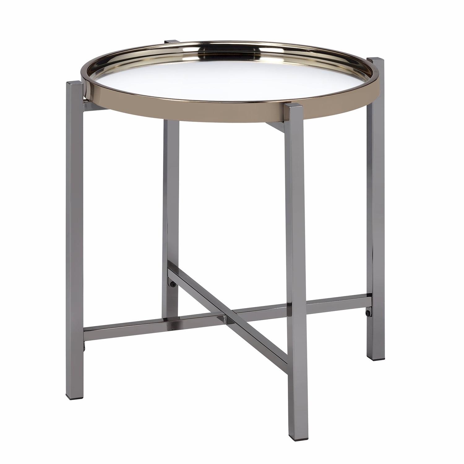 Gold and Black Round Mirrored End Table with Metal Legs