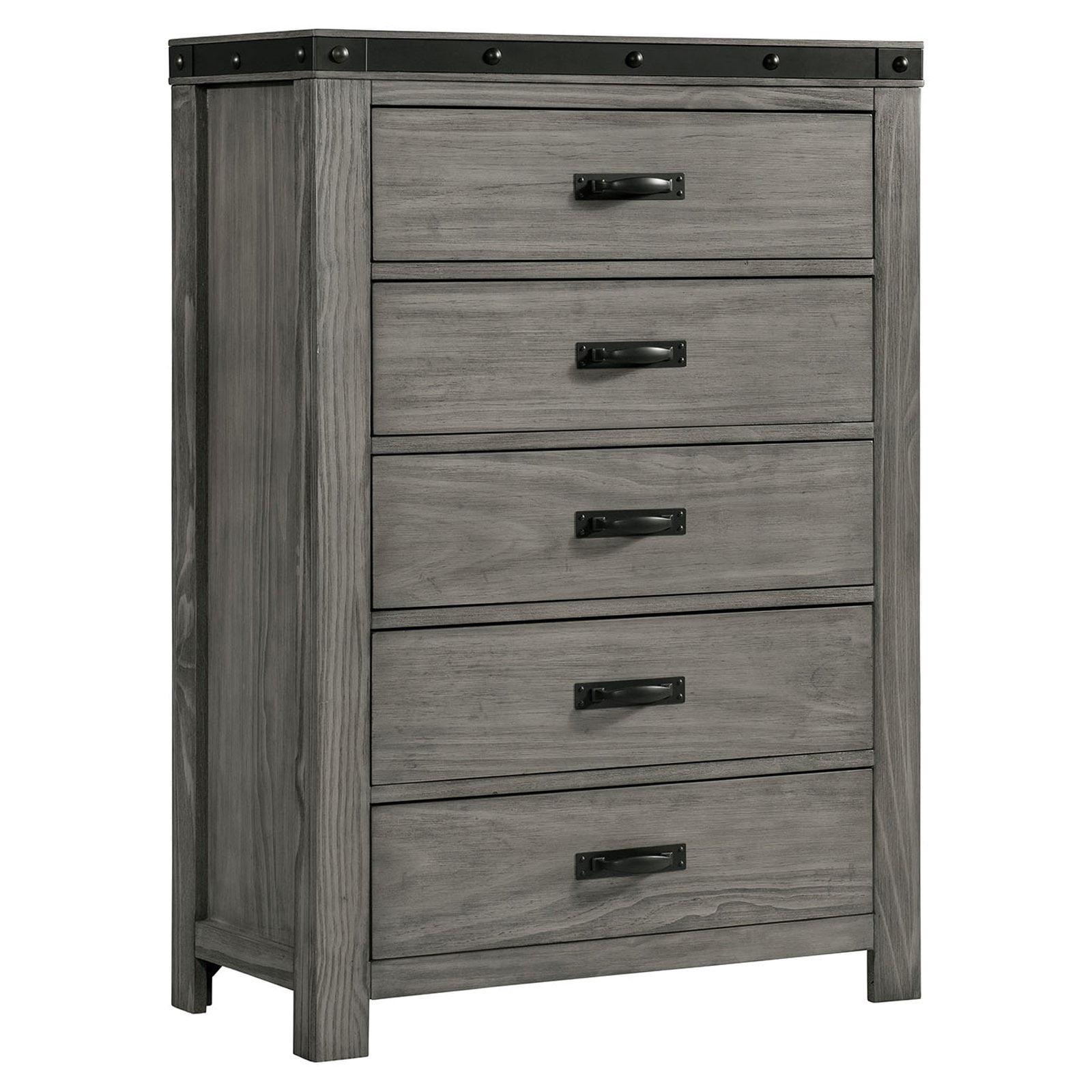 Gray Pine Transitional 5-Drawer Chest with Black Metal Trim