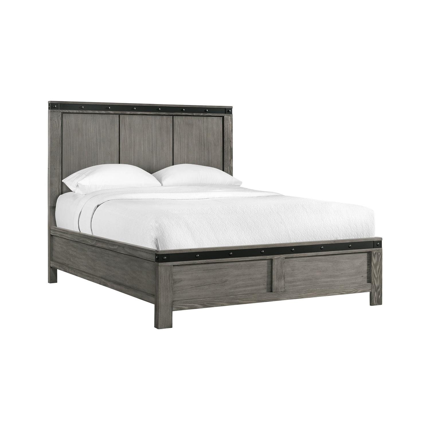 Transitional Gray Queen Panel Bed with Metal Trim and Drawer