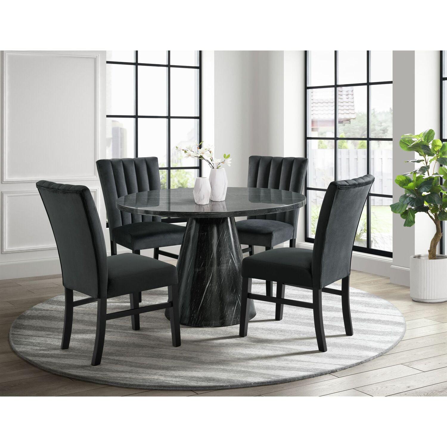 Odette 5-Piece Gray Round Table with Black Velvet Chairs