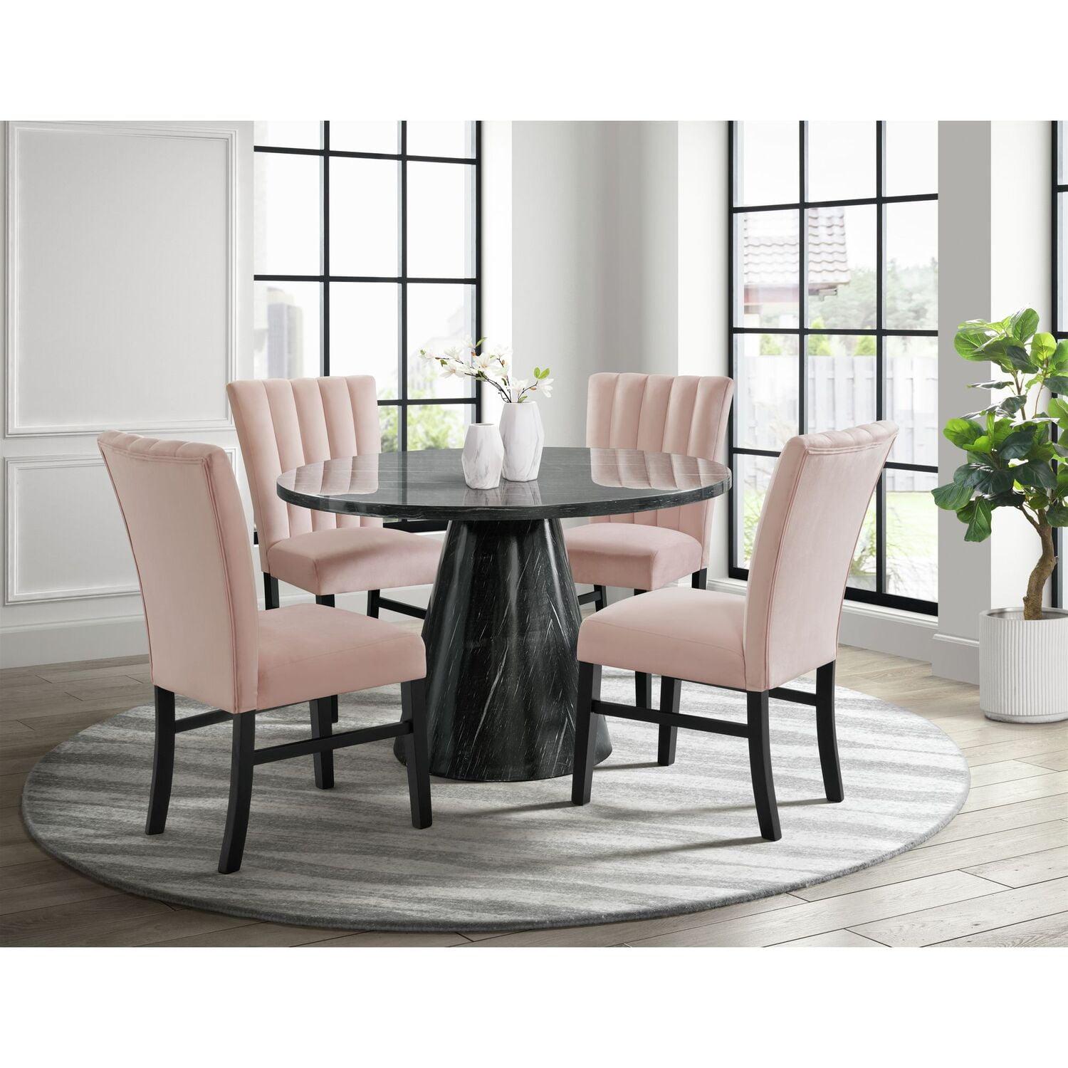 Gray Round Table with 4 Pink Velvet Chairs Dining Set