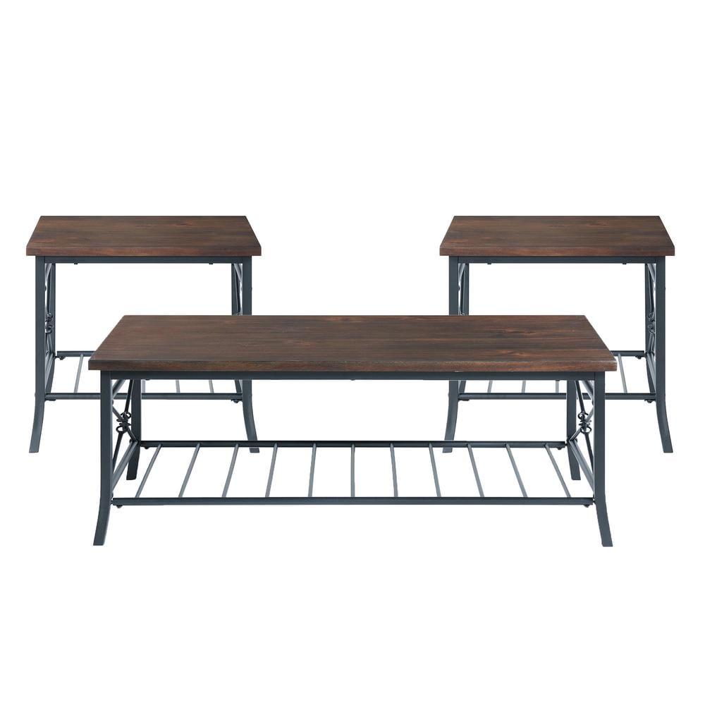 Percy Industrial Black and Brown 3-Piece Rectangular Occasional Table Set