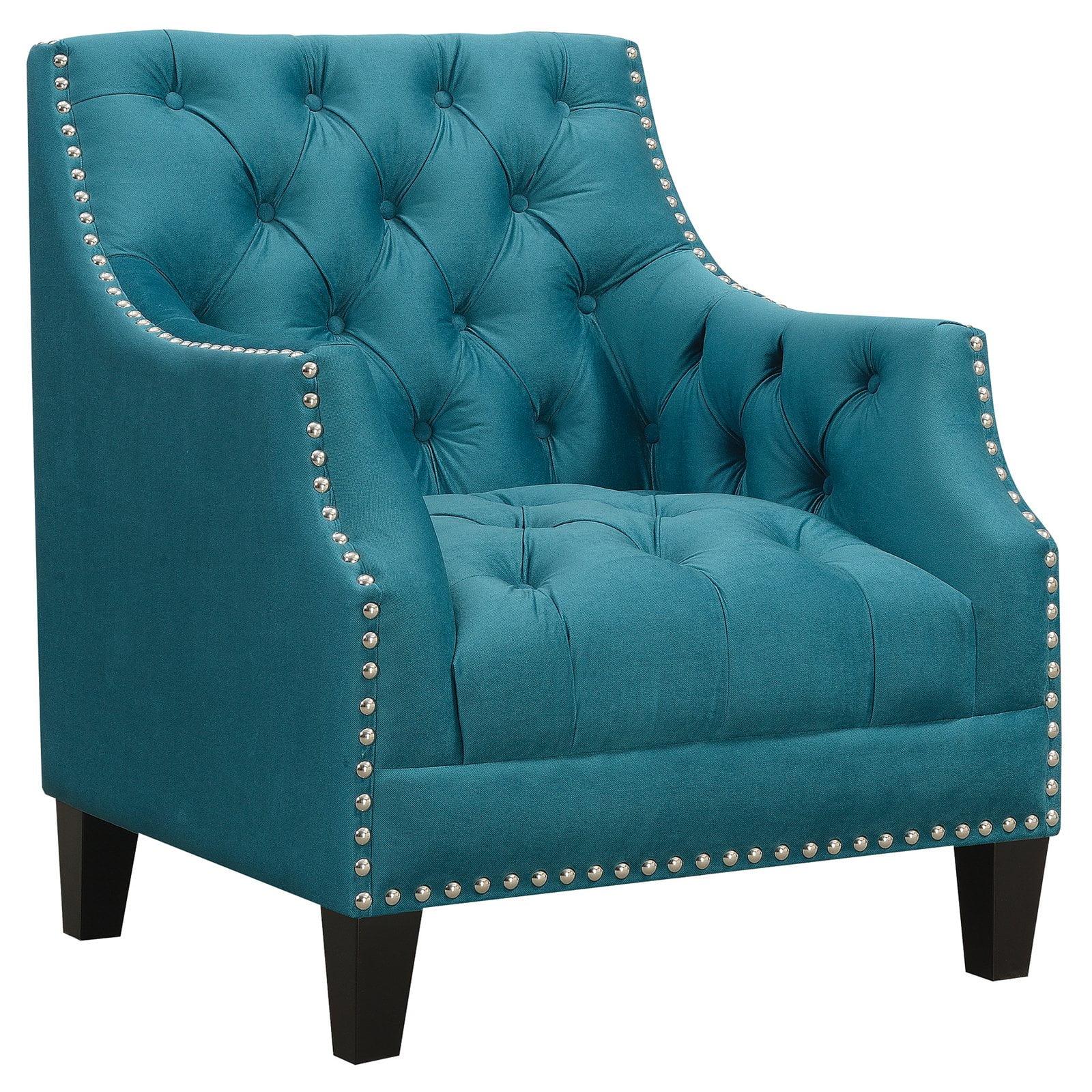 Teal Microfiber Button Tufted Accent Chair with Wood Legs