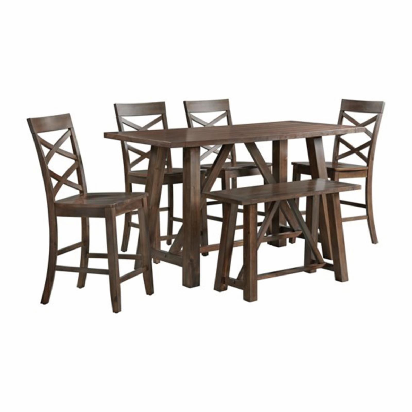 Rustic Walnut 6-Piece Dining Set with Bench and Chairs