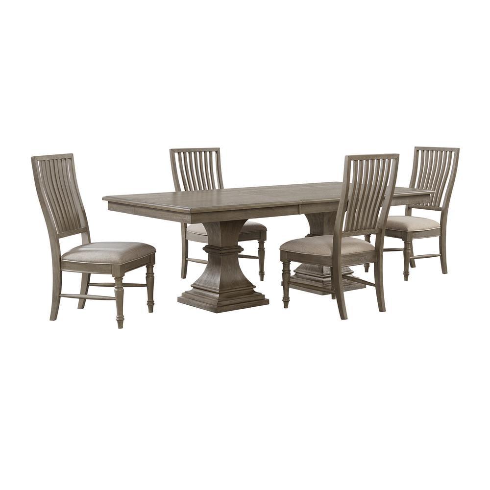 Gray Double Pedestal Dining Set with Beige Upholstered Chairs