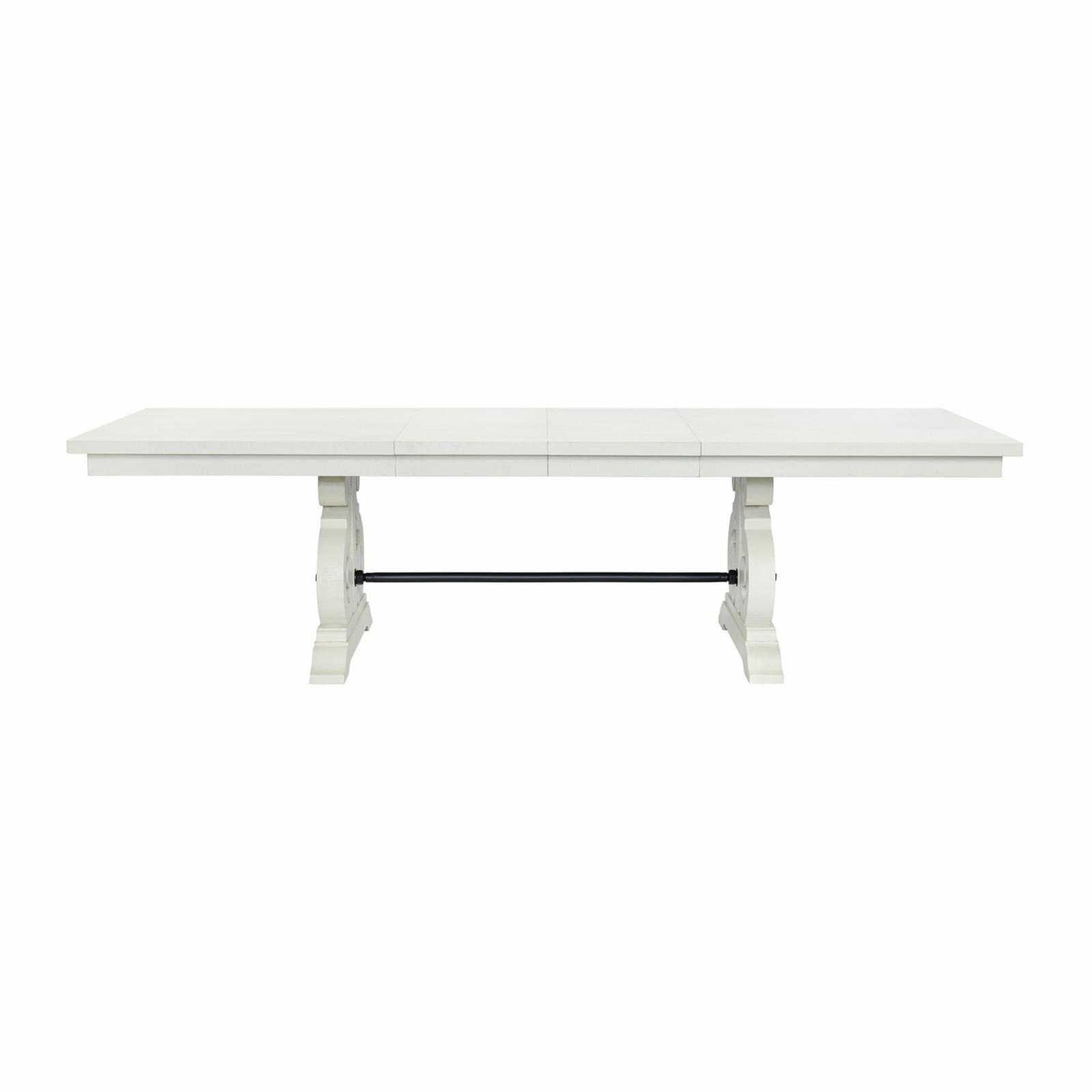 White Distressed Wood Extendable Dining Table with Scroll Trestle