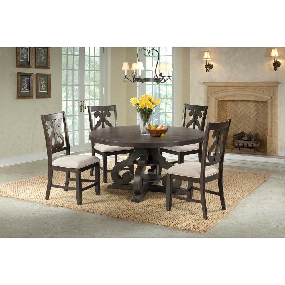 Stanford Smokey Walnut Round 5-Piece Dining Set with Light Brown Upholstered Chairs