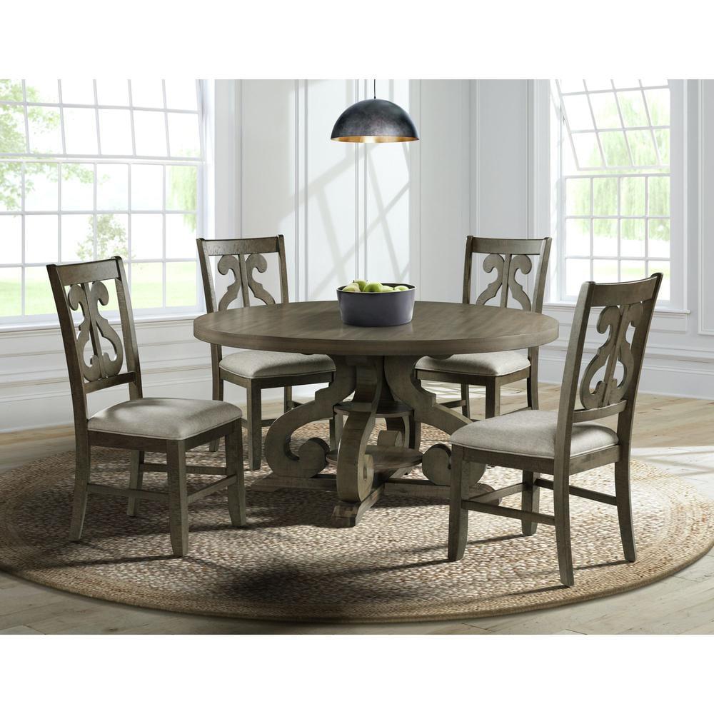 Stanford Round Gray Wood 5-Piece Dining Set with Beige Upholstered Chairs