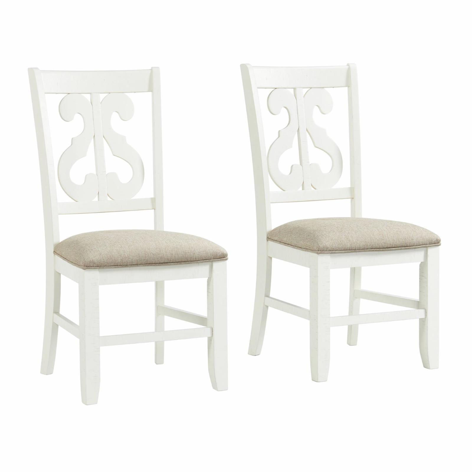 Elegant White Wooden Side Chair with Swirl Back Design and Upholstered Seat