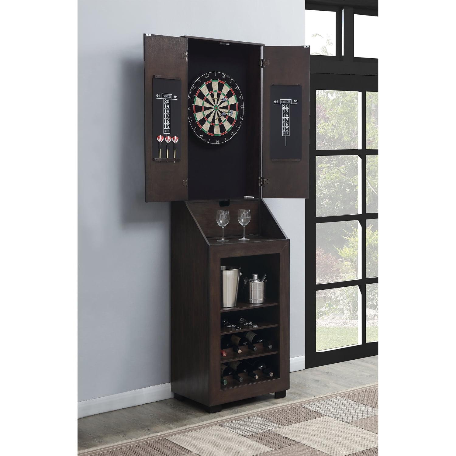 Walnut Dartboard Cabinet with Wine Rack and Shelves