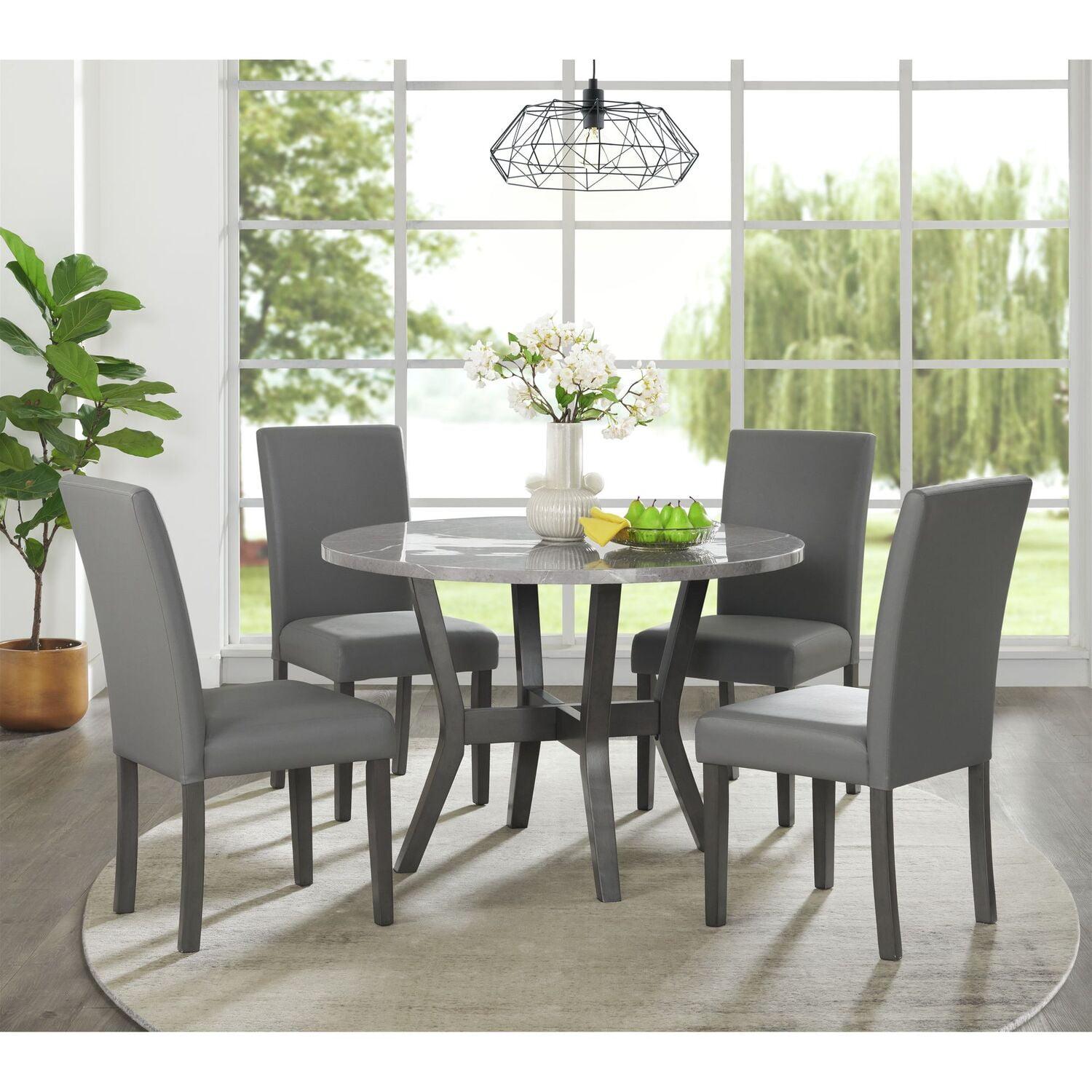 Gray Faux Marble Round Dining Table Set with 4 Chairs